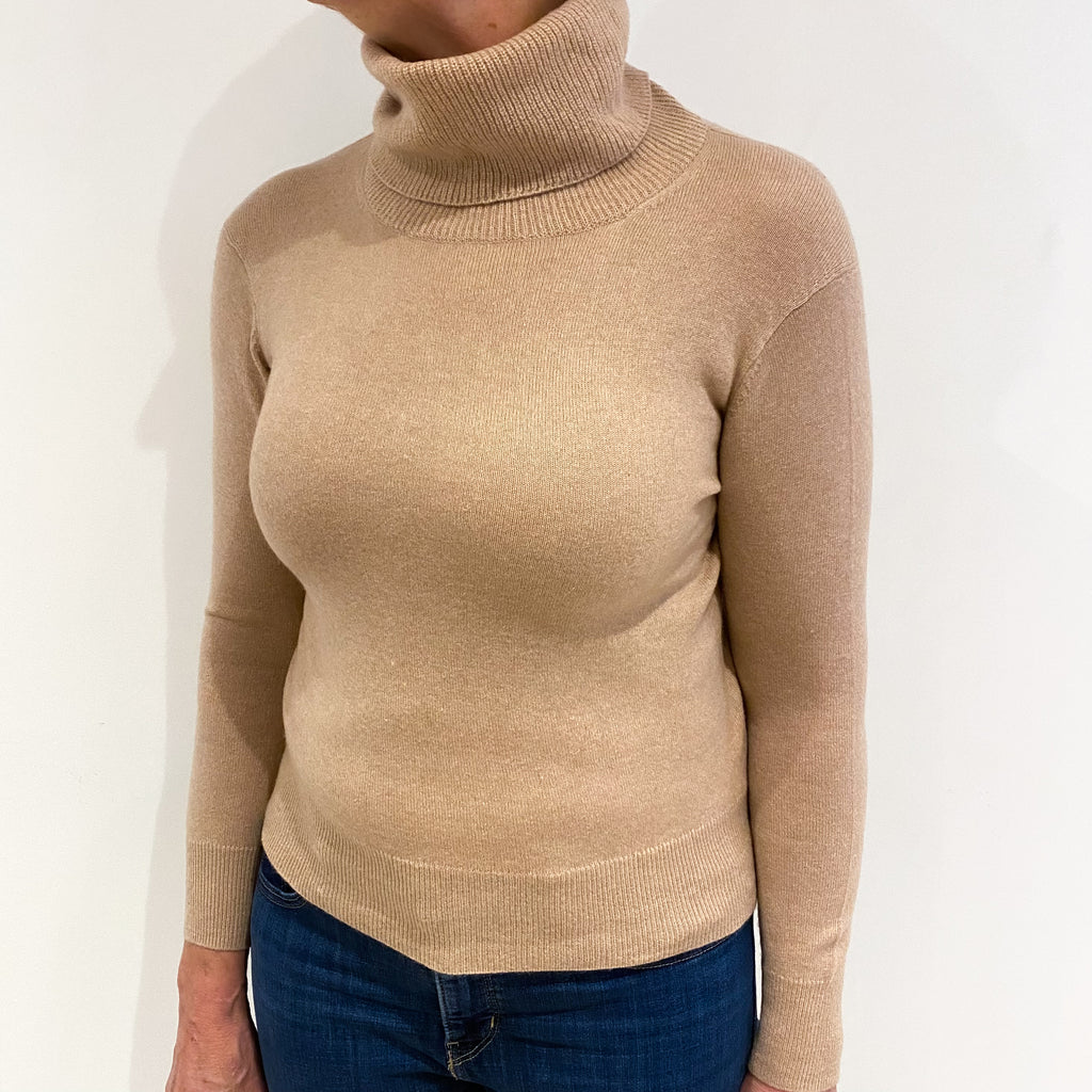 Buff Beige Cashmere Polo Neck Jumper Medium