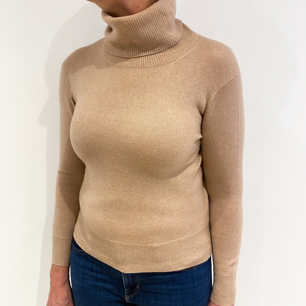 Buff Beige Cashmere Polo Neck Jumper Medium