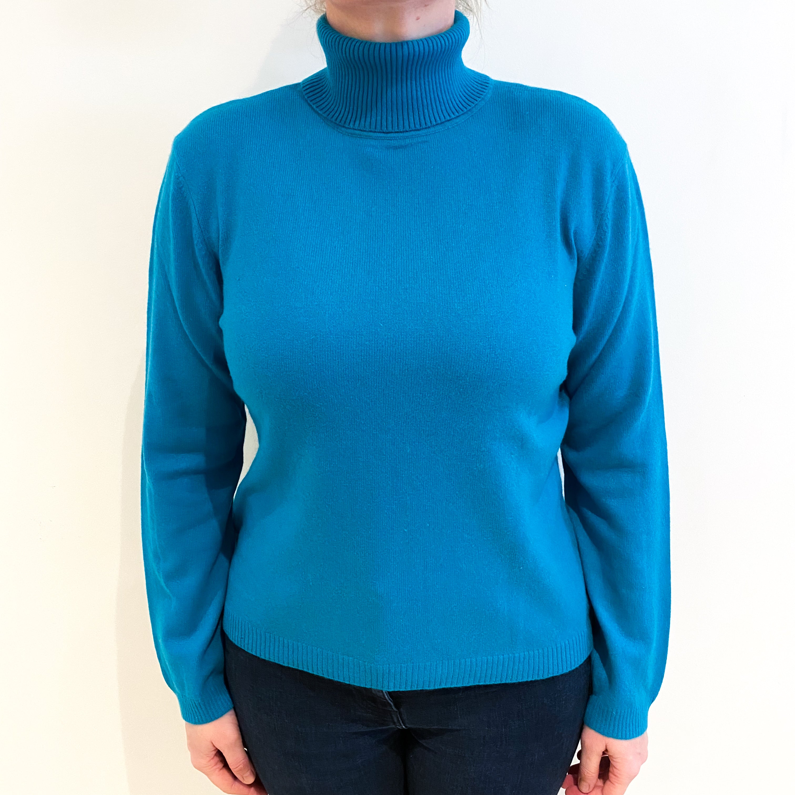 Teal Blue Cashmere Polo Neck Jumper Large