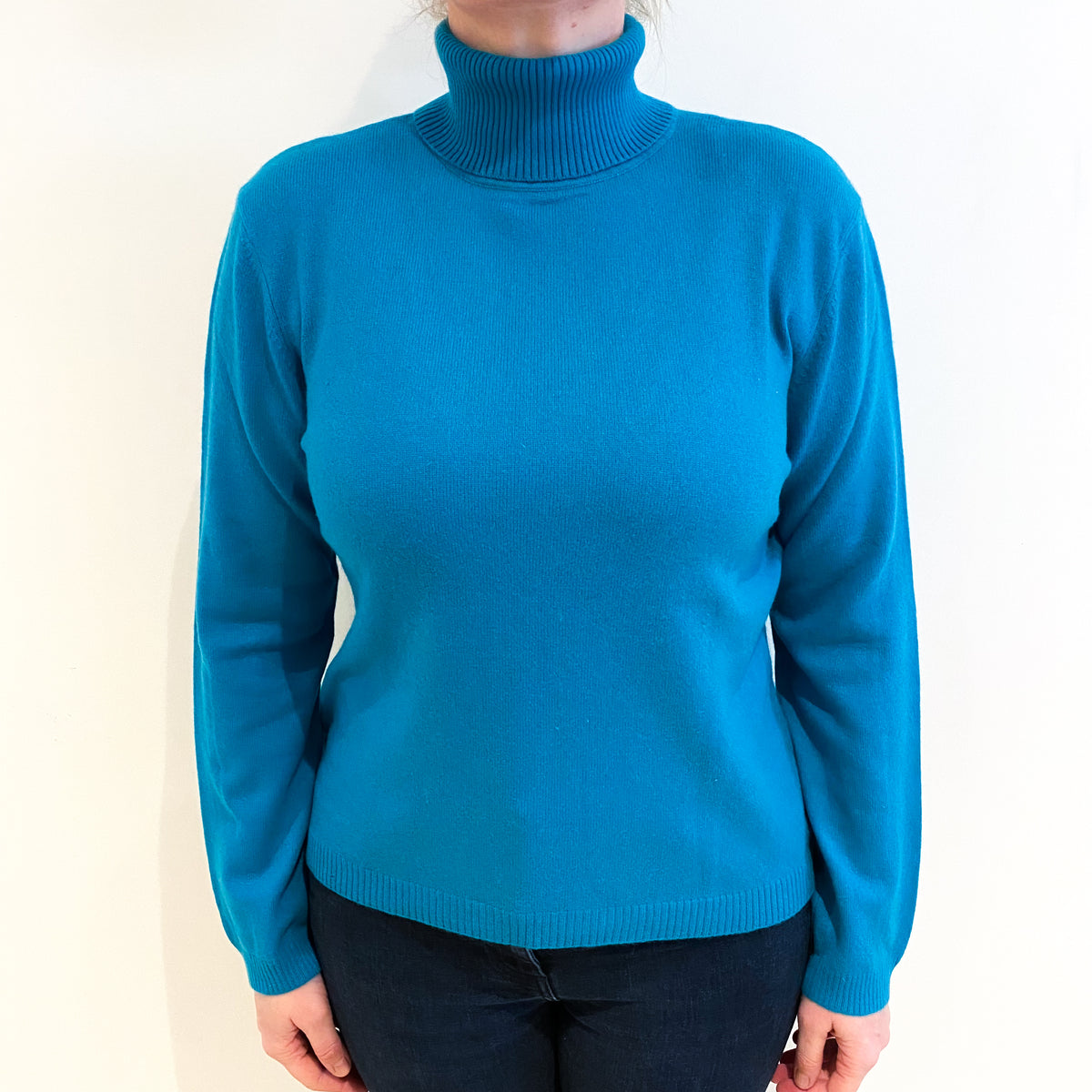 Teal Blue Cashmere Polo Neck Jumper Large