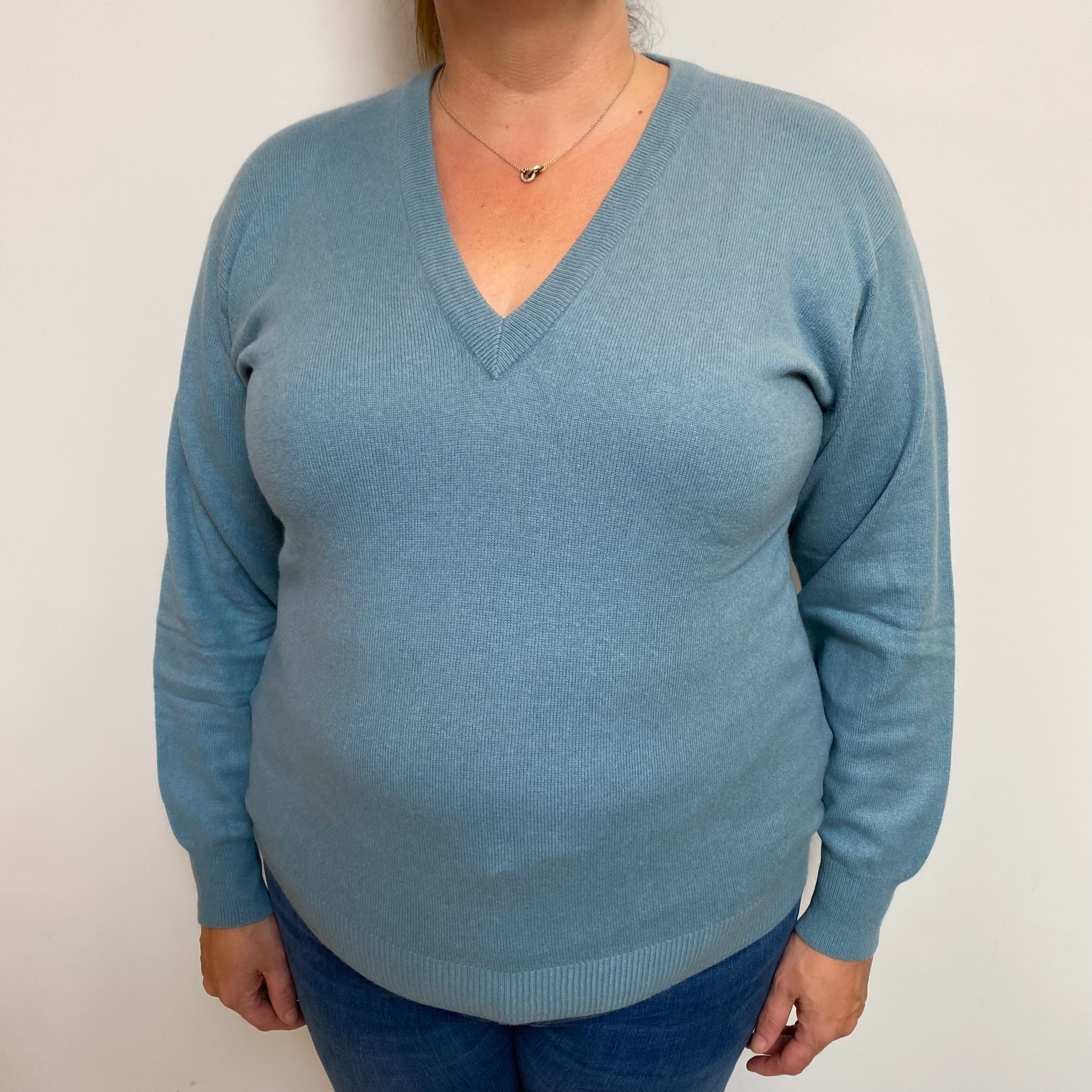 Muted Aqua Blue Cashmere V Neck Jumper Extra Large