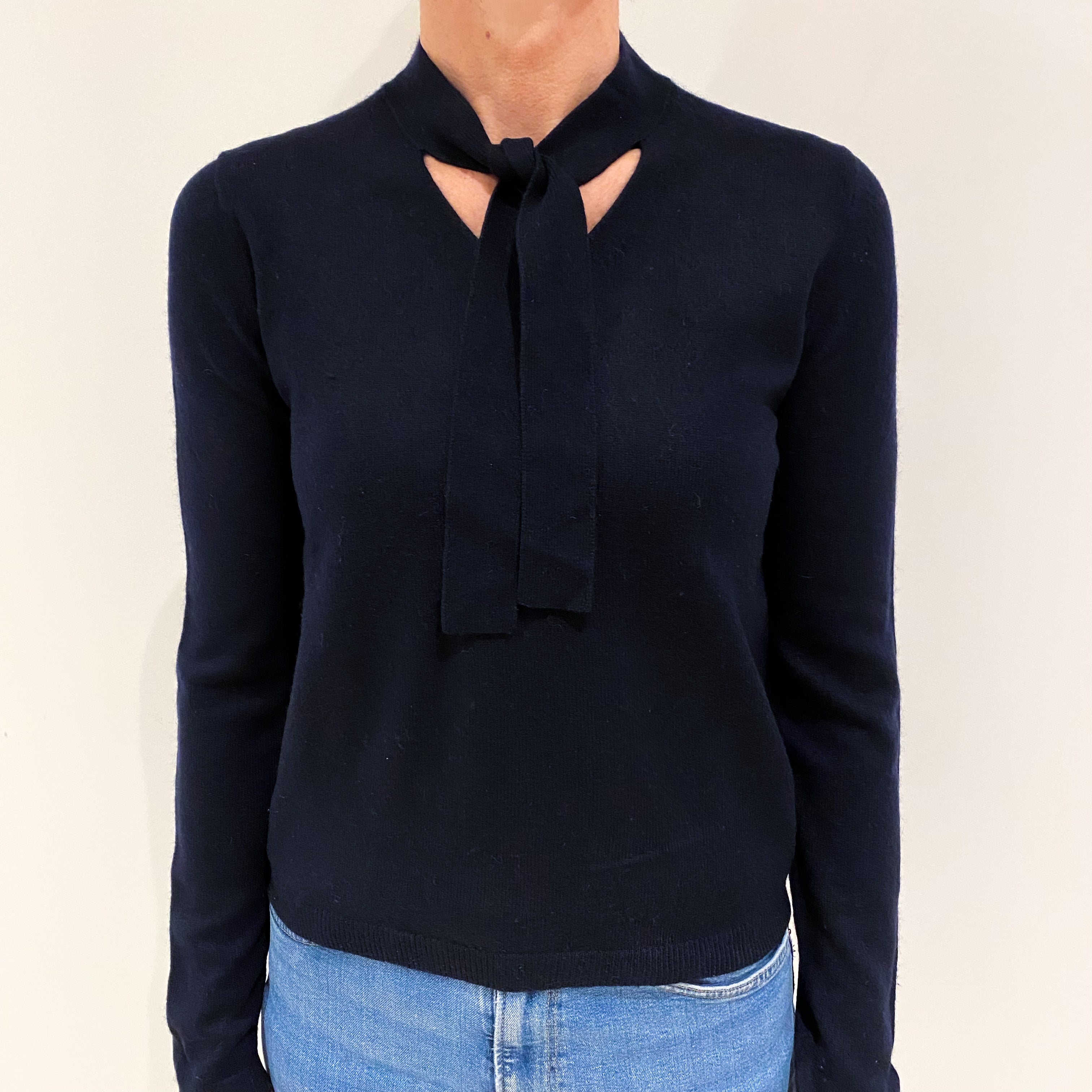 Navy Blue Cashmere V Neck Jumper with Neck Tie Small