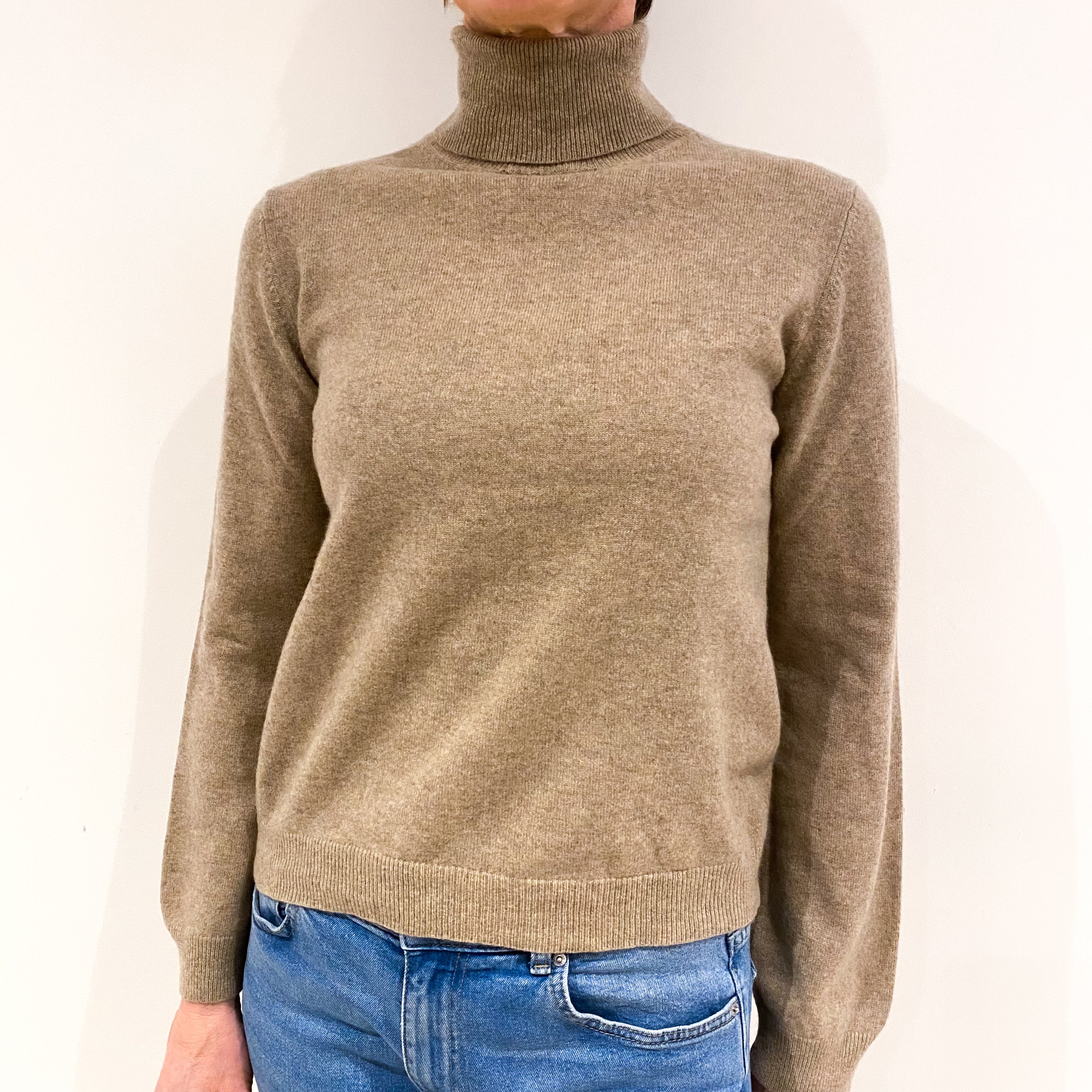 Taupe Brown Cashmere Polo Neck Jumper Small
