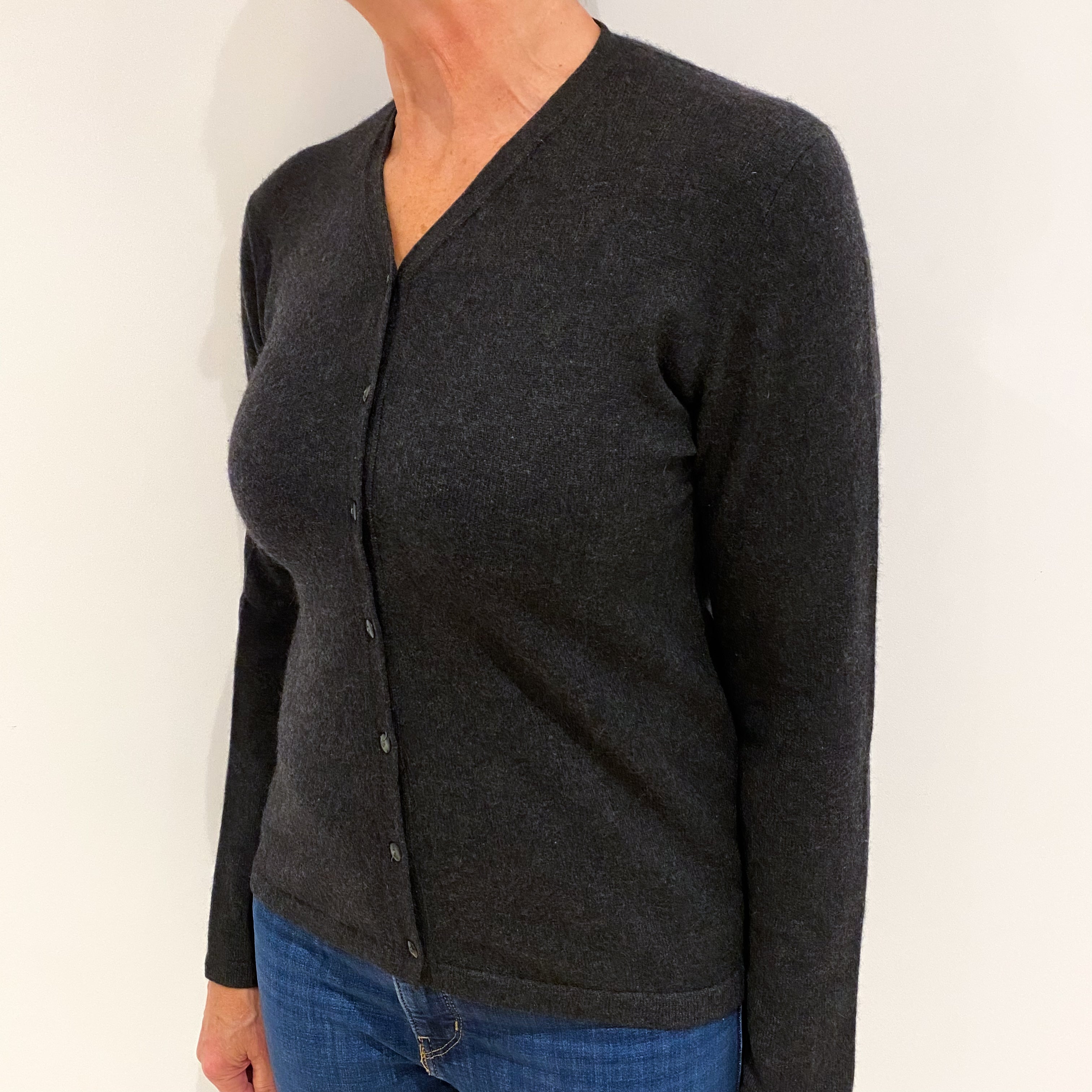 Charcoal Grey Cashmere Vee Neck Cardigan Medium