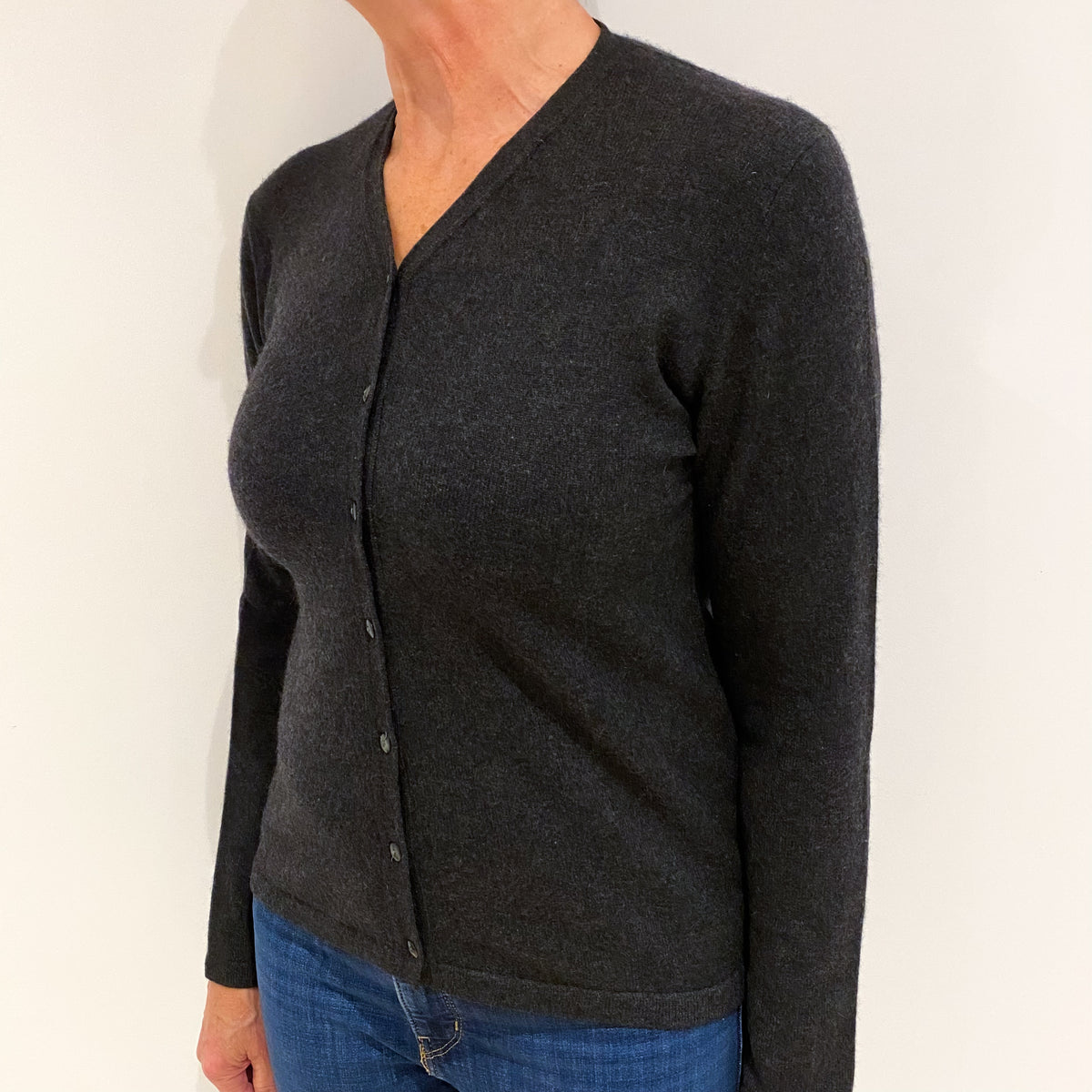 Charcoal Grey Cashmere Vee Neck Cardigan Medium
