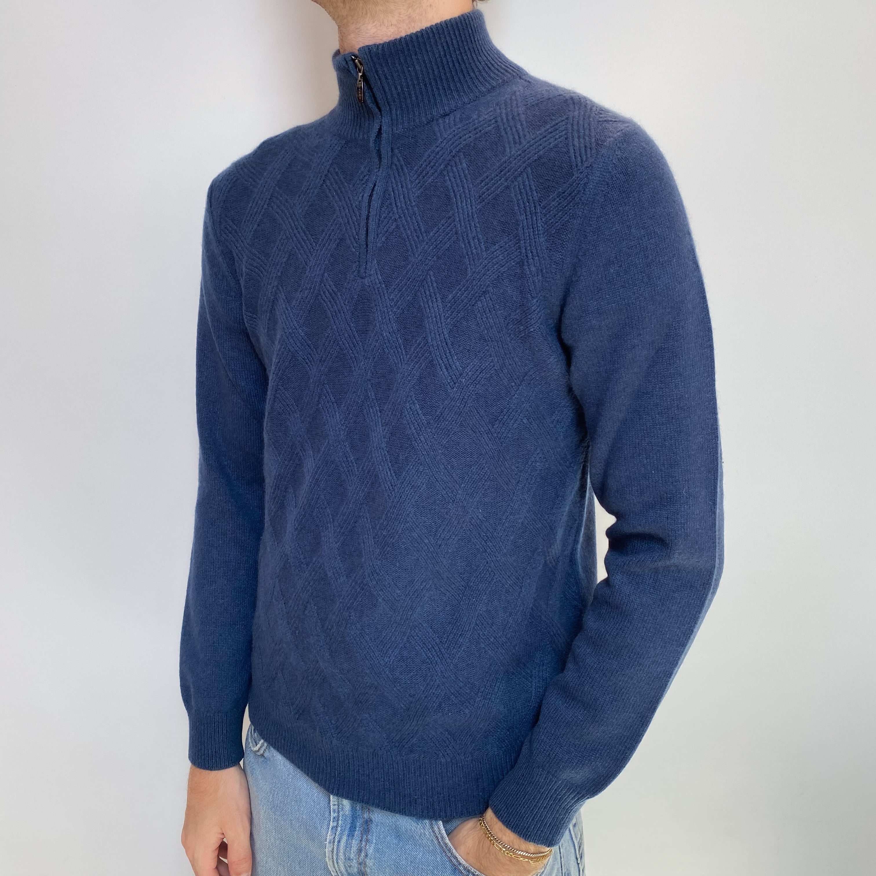 Men's Naval Blue Cashmere Lattice Knit 1/4 Zip Jumper Medium
