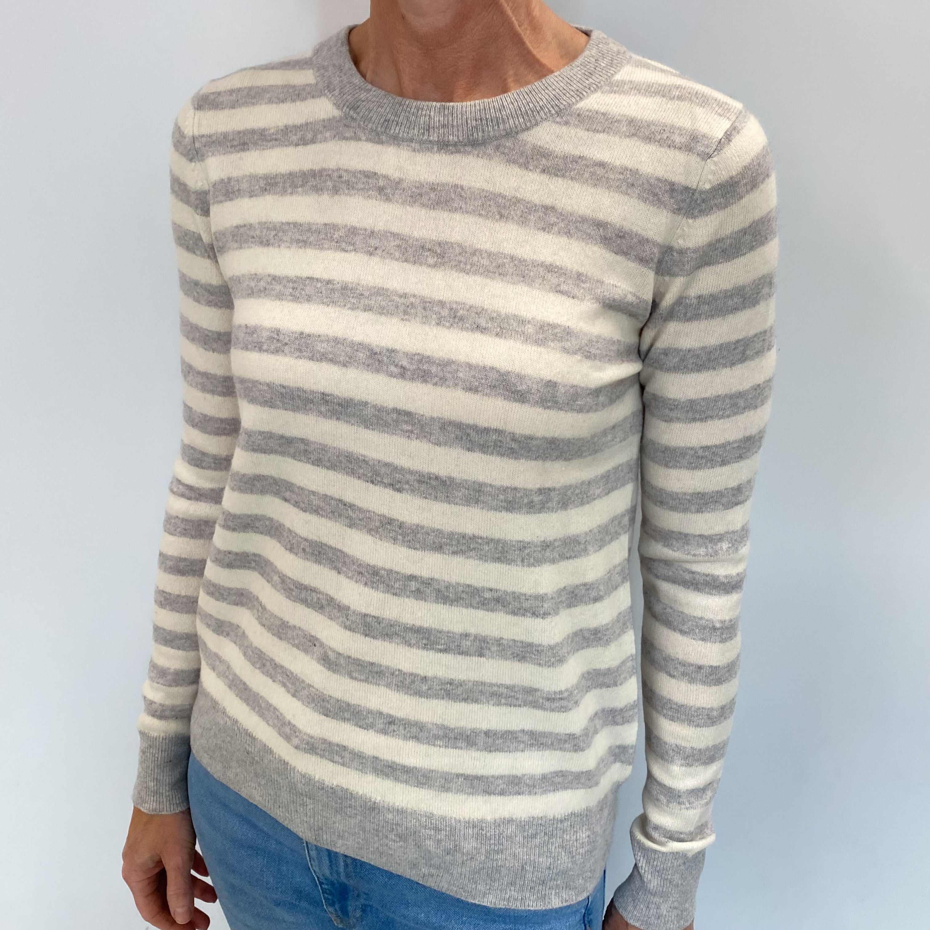 Grey And Cream Stripe Cashmere Crew Neck Jumper Small