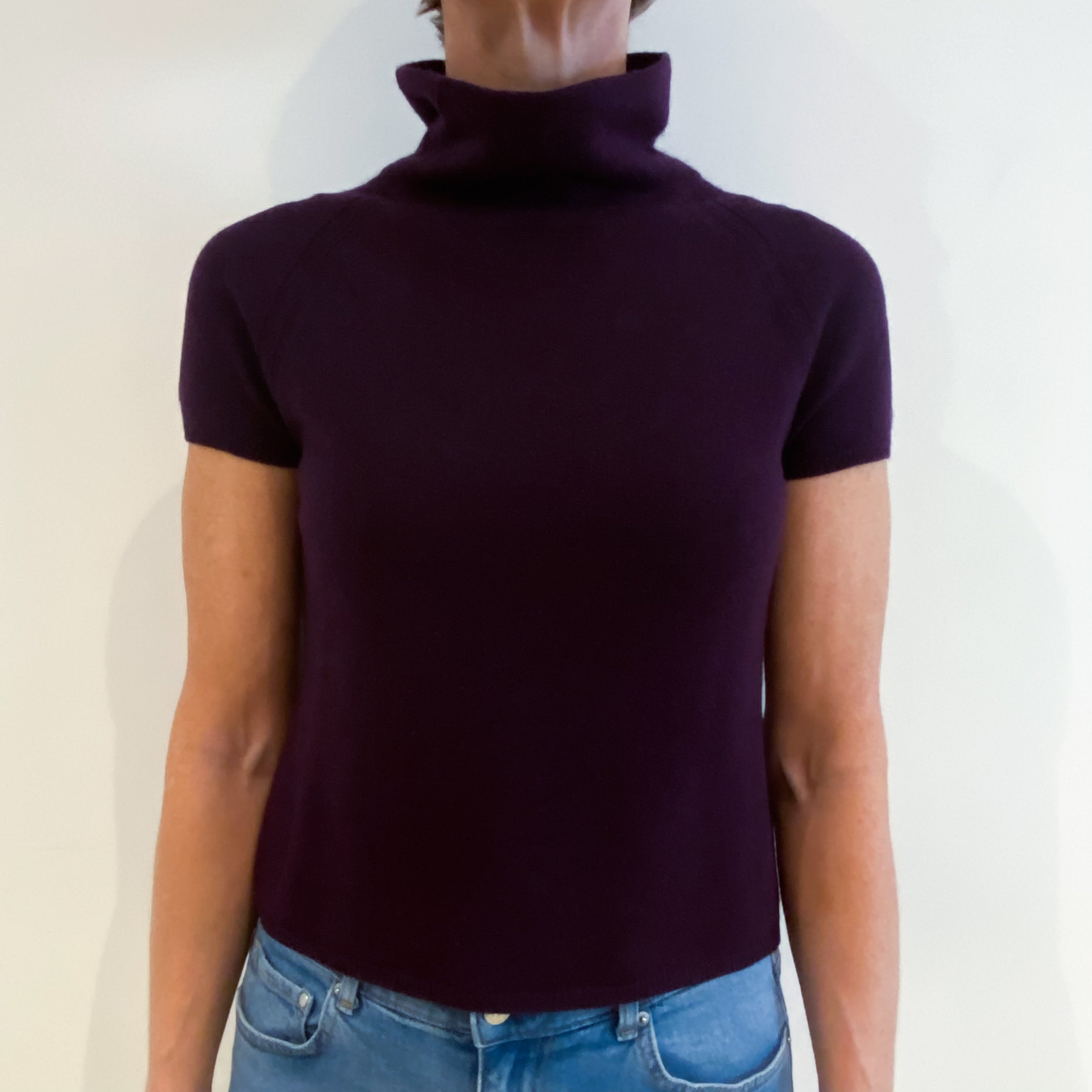 Aubergine Purple Cashmere Short Sleeved Funnel Neck Jumper Small