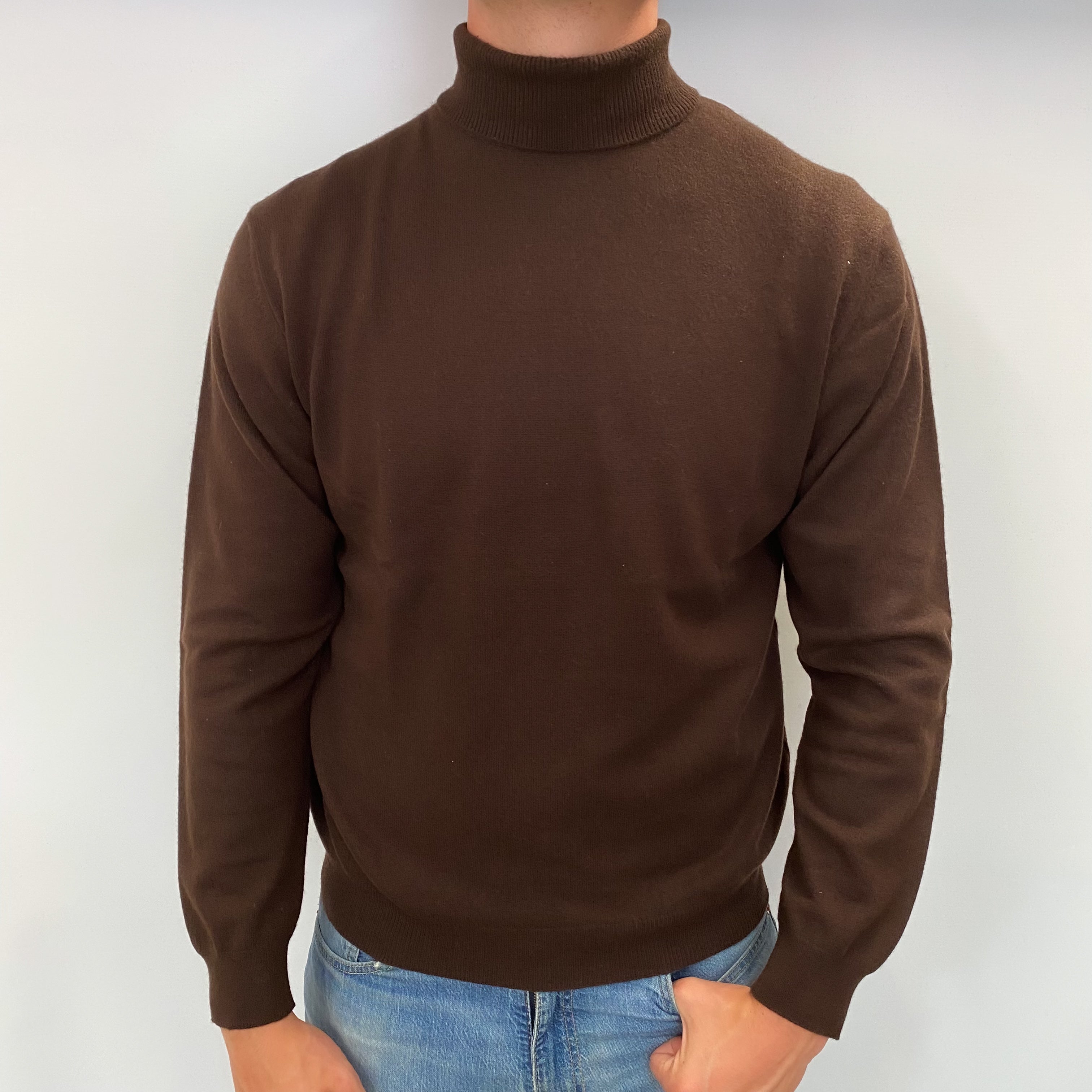 Men's Peppercorn Brown Cashmere Polo Neck Jumper XL