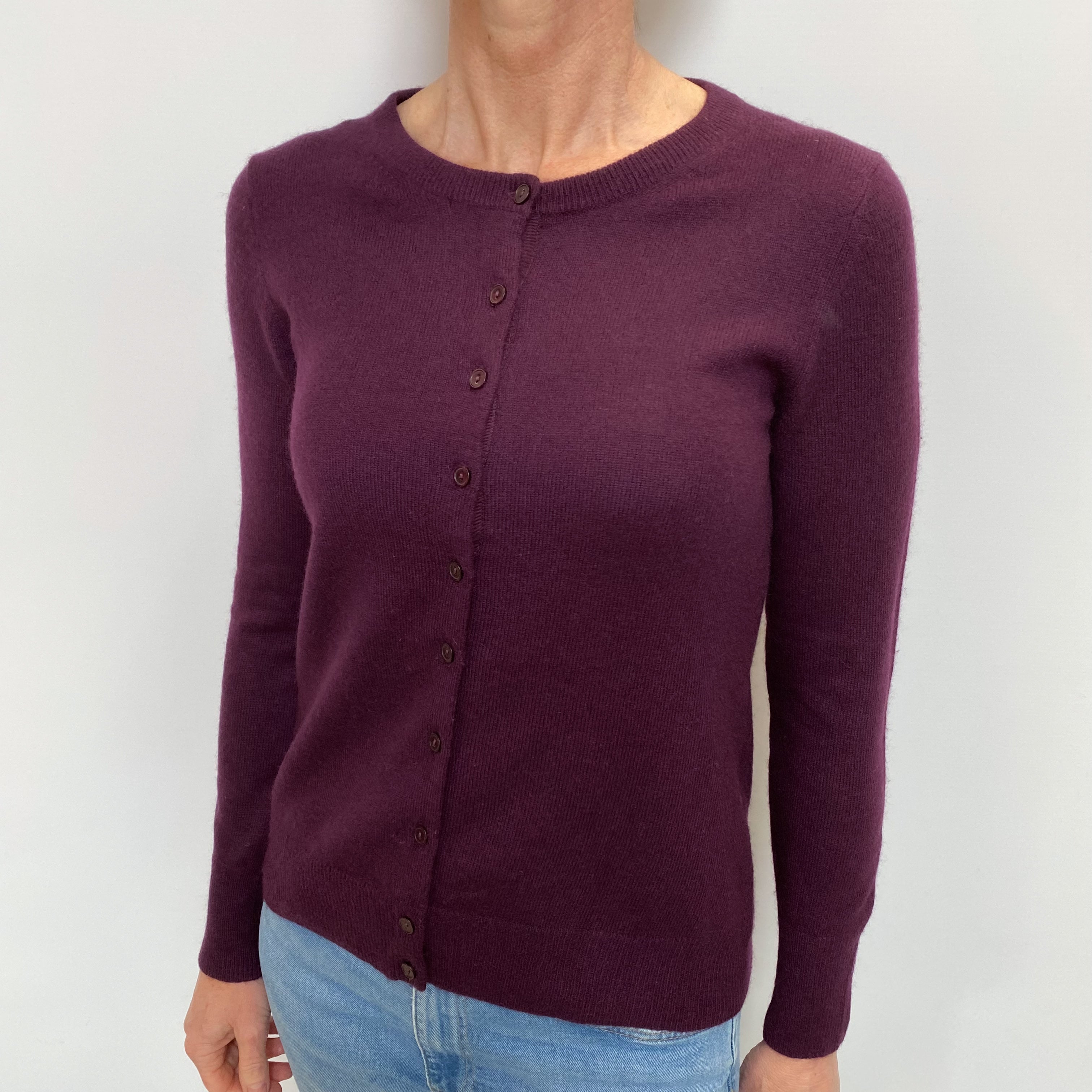Aubergine Purple Cashmere Crew Neck Cardigan Small