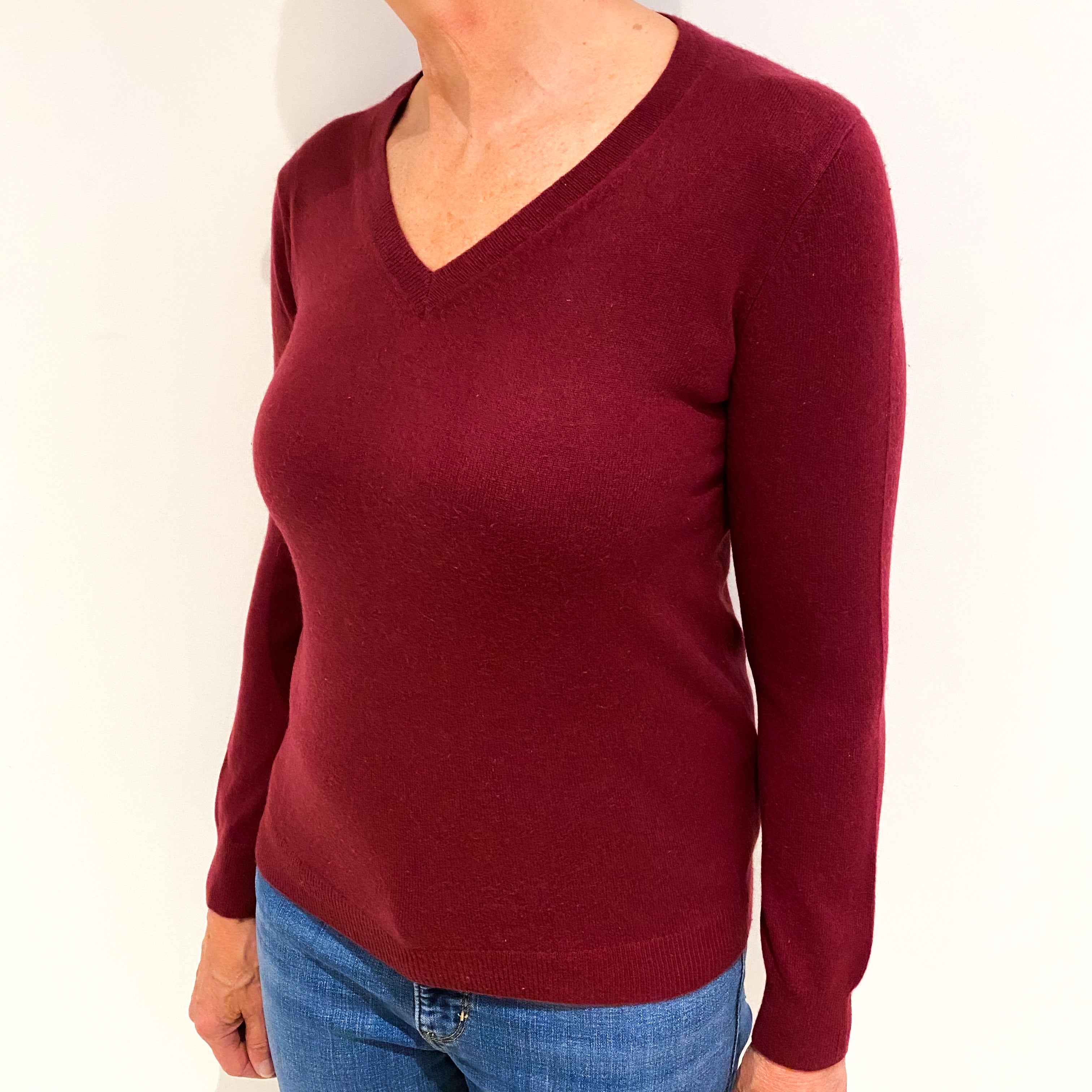 Burgundy Red Cashmere V Neck Jumper Medium