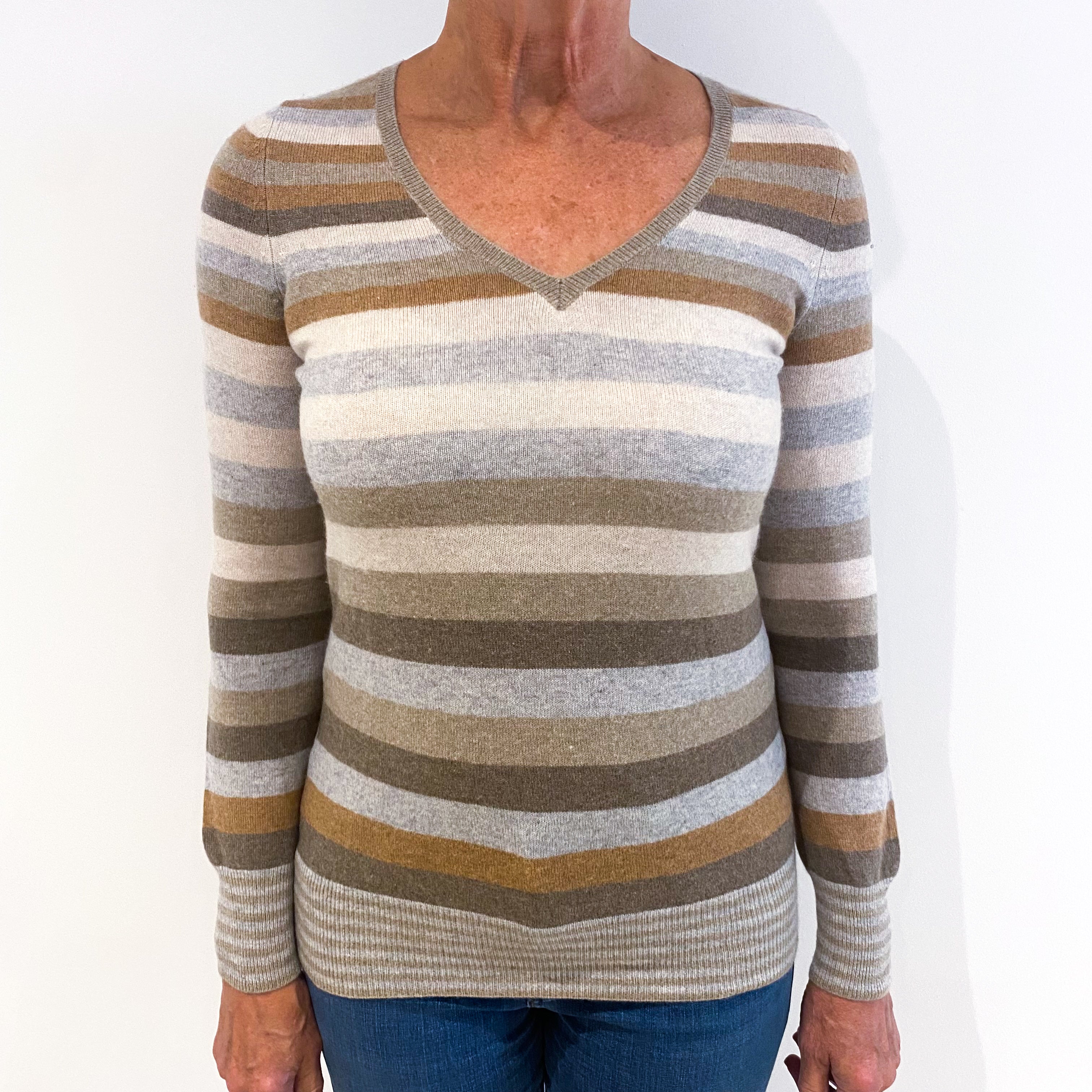 Beige Cream and Grey Striped Cashmere V-Neck Jumper Medium