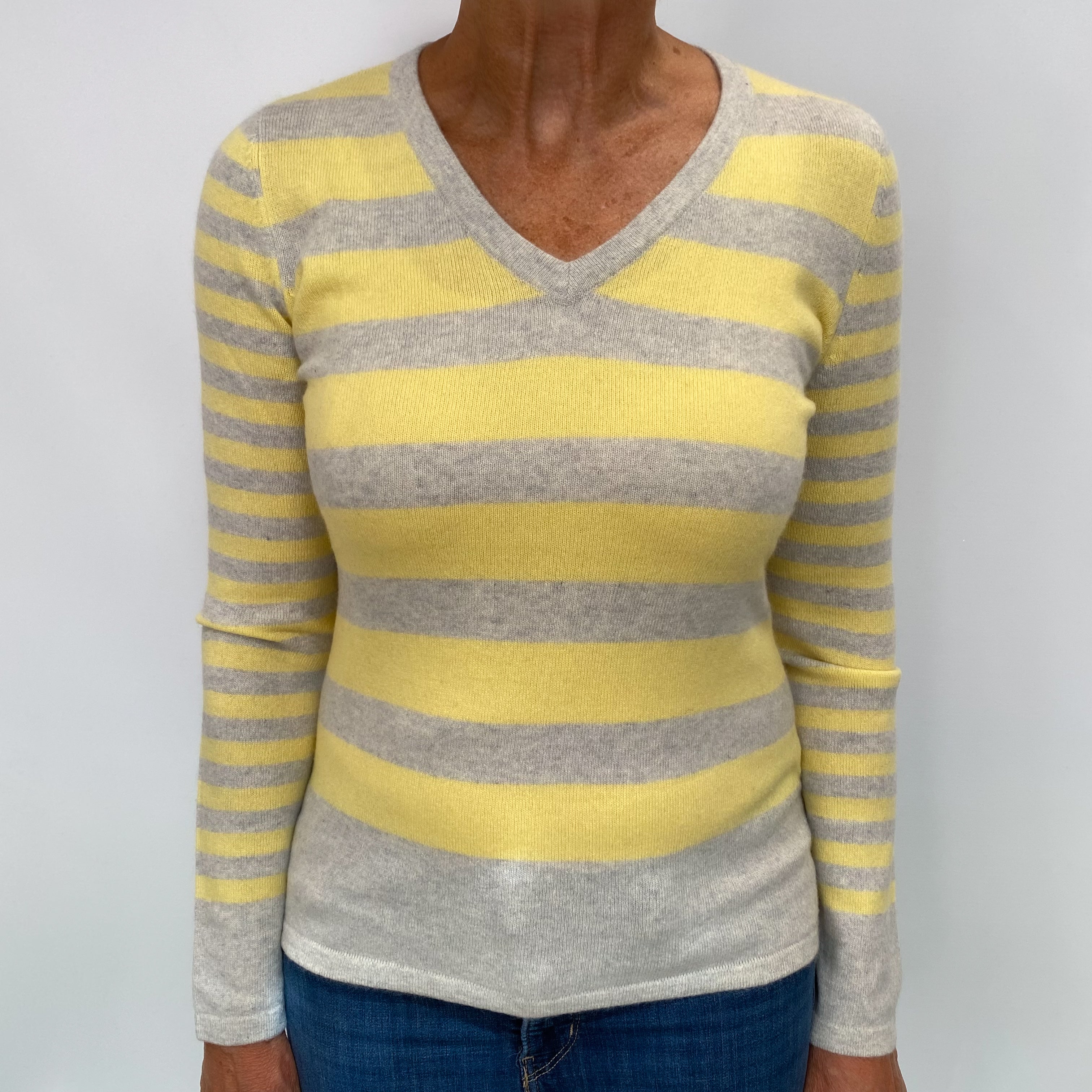 Yellow and Grey Stripe Cashmere V Neck Jumper Medium