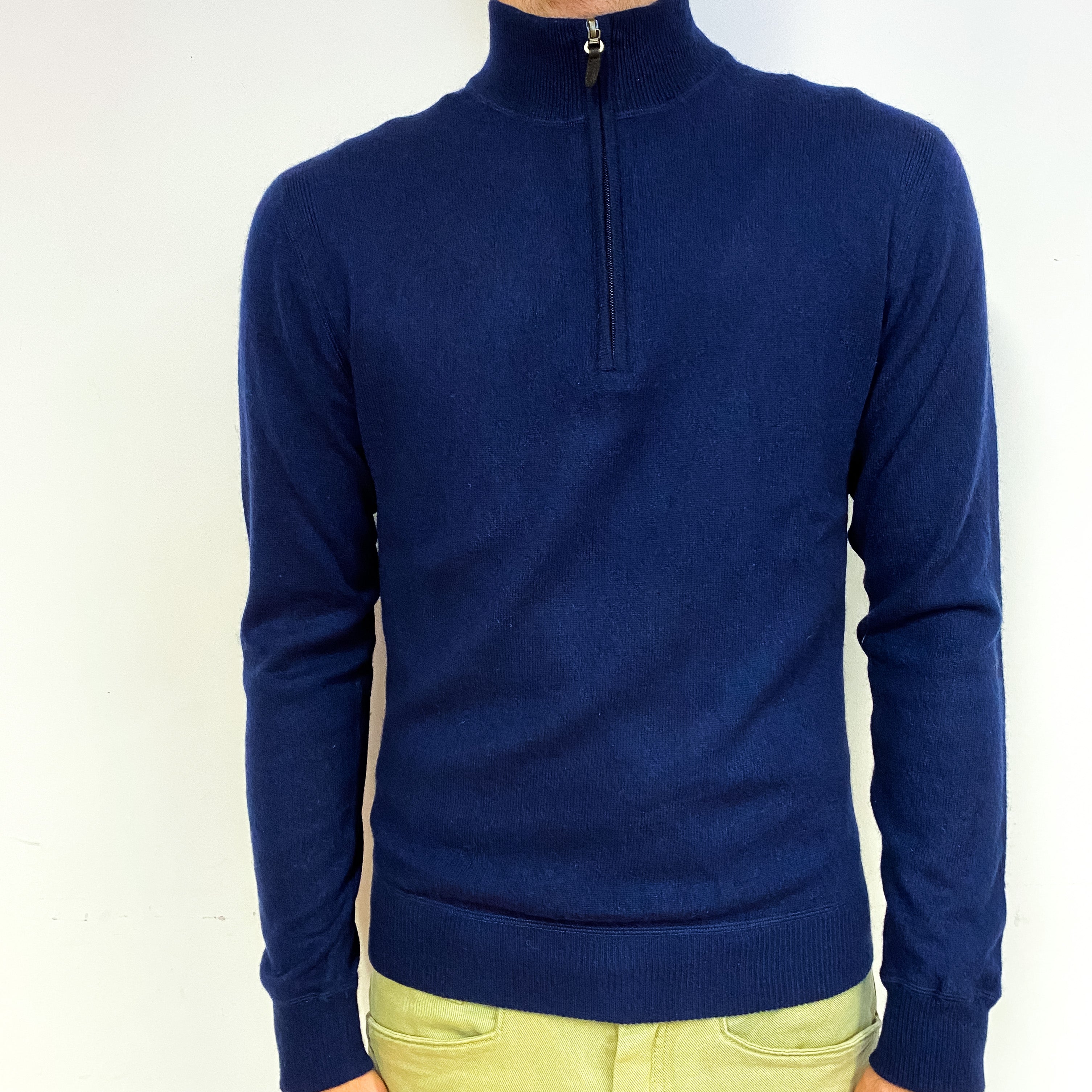 Men's Navy Blue Cashmere 1/4 Zip Jumper Medium