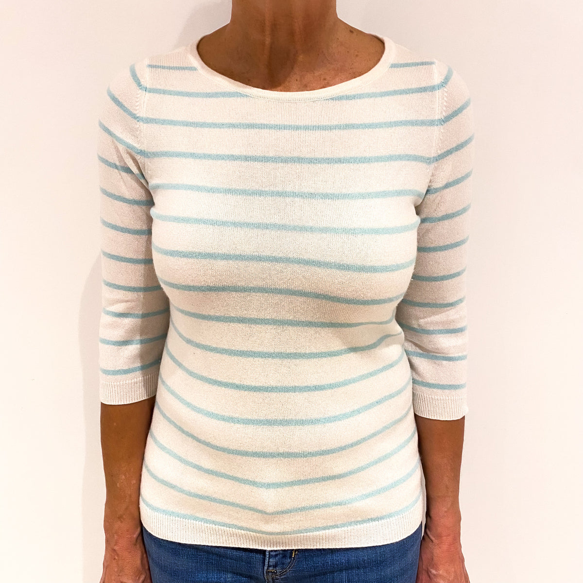 Cream and Aqua Stripe Cashmere Crew Neck Jumper Medium