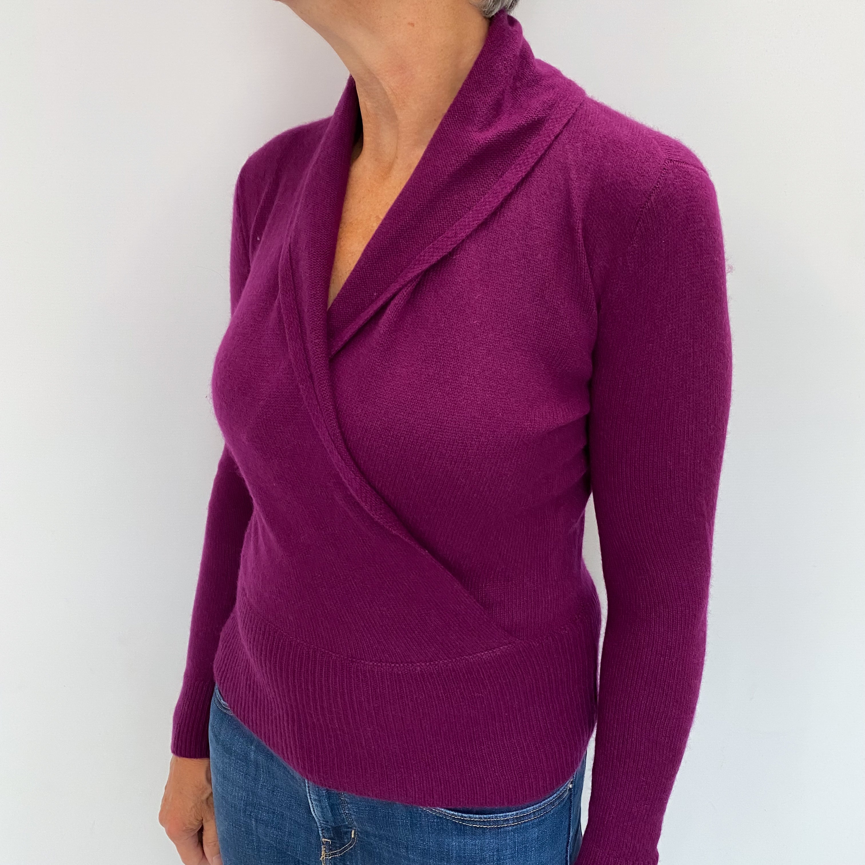 Deep Magenta Purple Cashmere Cross Over V Neck Jumper Medium