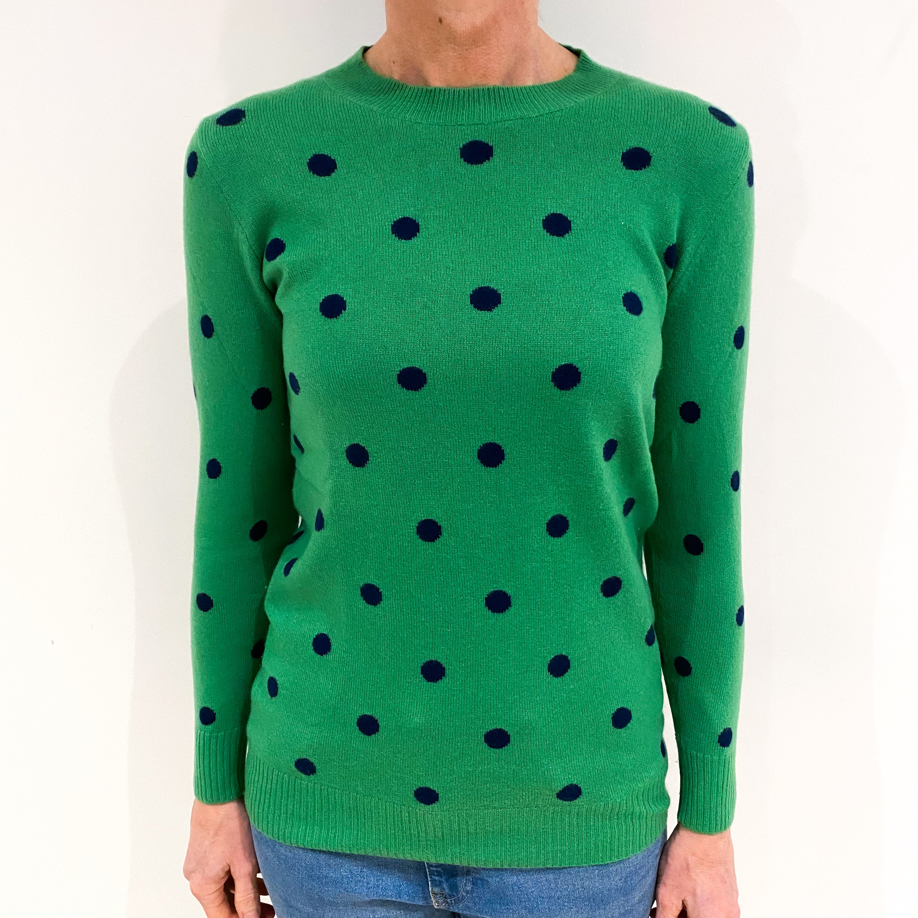 Jade Green Navy Spotty Cashmere Crew Neck Jumper Small