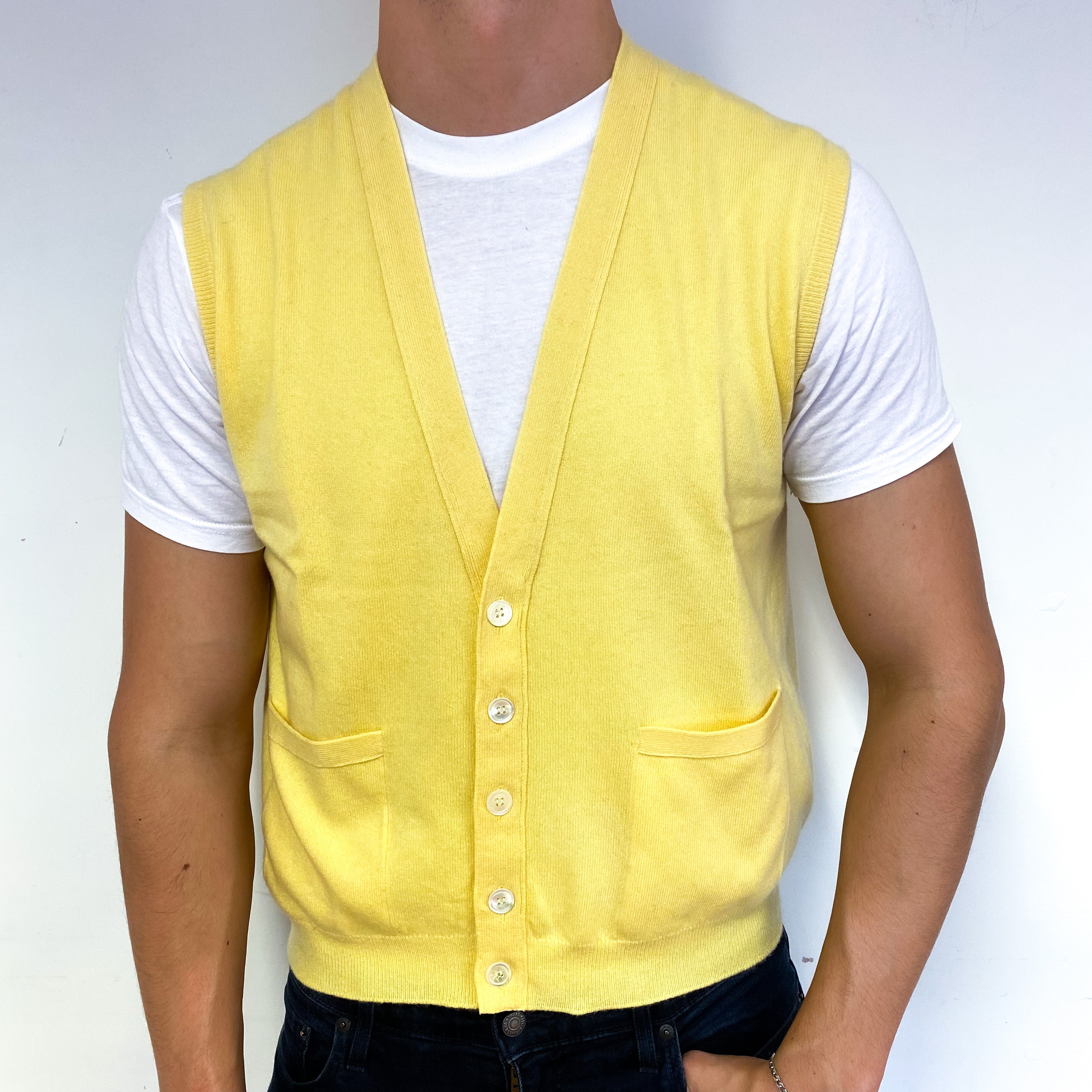 Men's Yellow Cashmere Sleeveless V-Neck Cardigan Extra Large