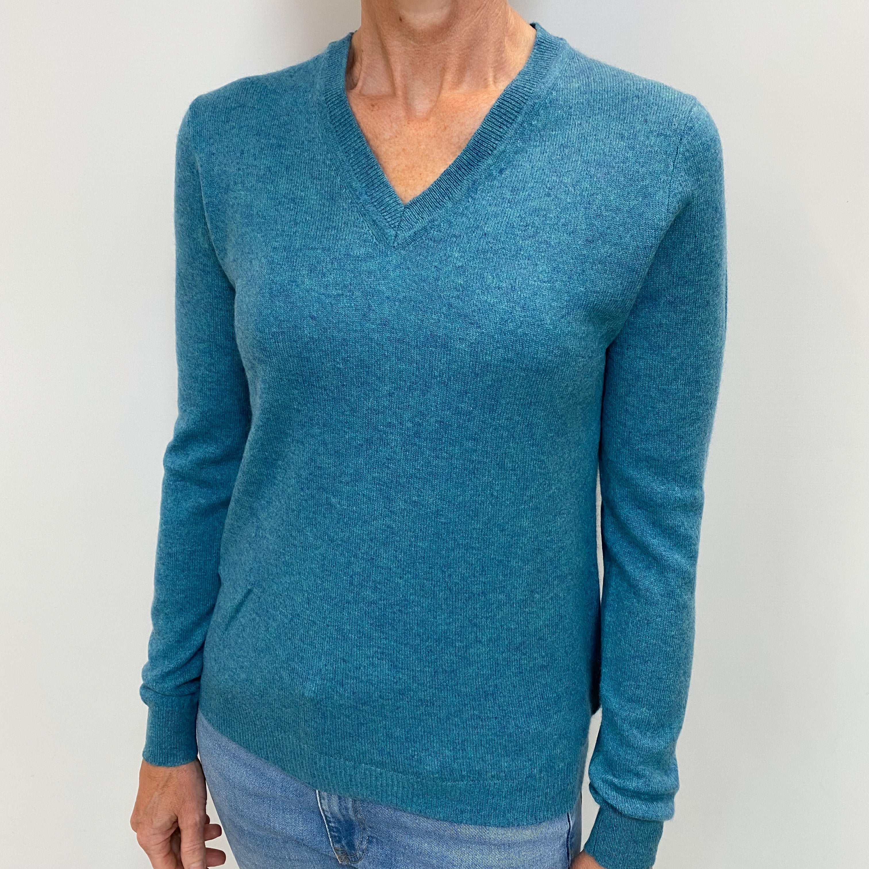 Deep Aqua Blue Cashmere V Neck Jumper Small