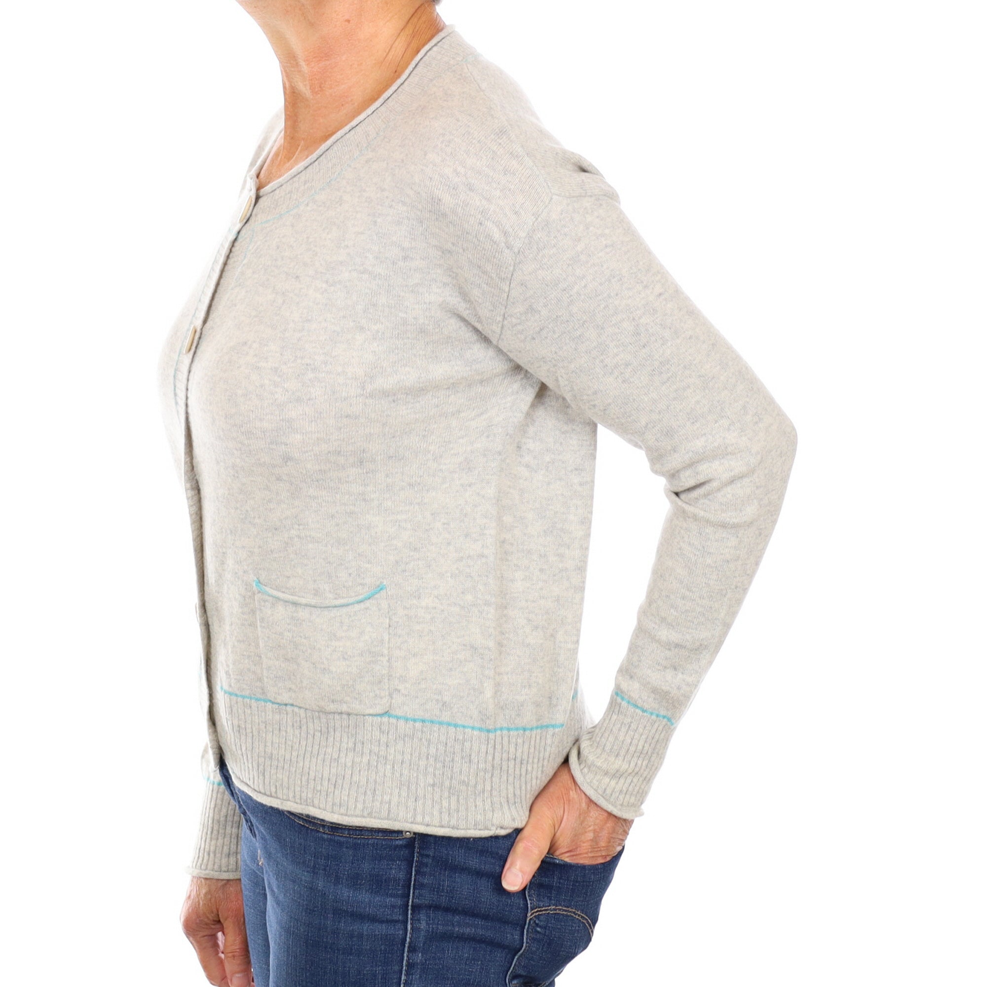 Grey Turquoise Trim Cashmere Crew Neck Cardigan with Pockets Medium