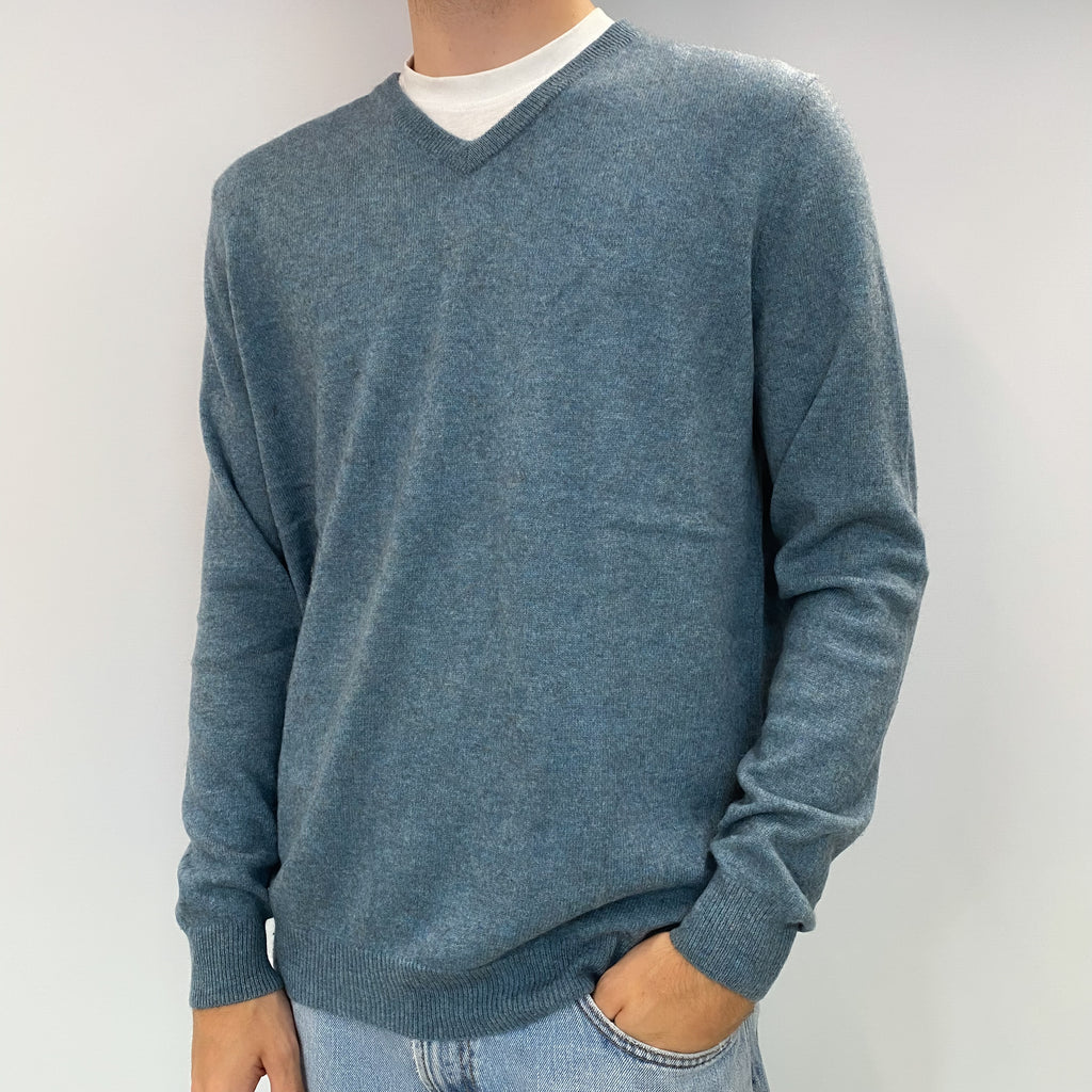 Men's Grey Blue Marl Cashmere V Neck Jumper Large