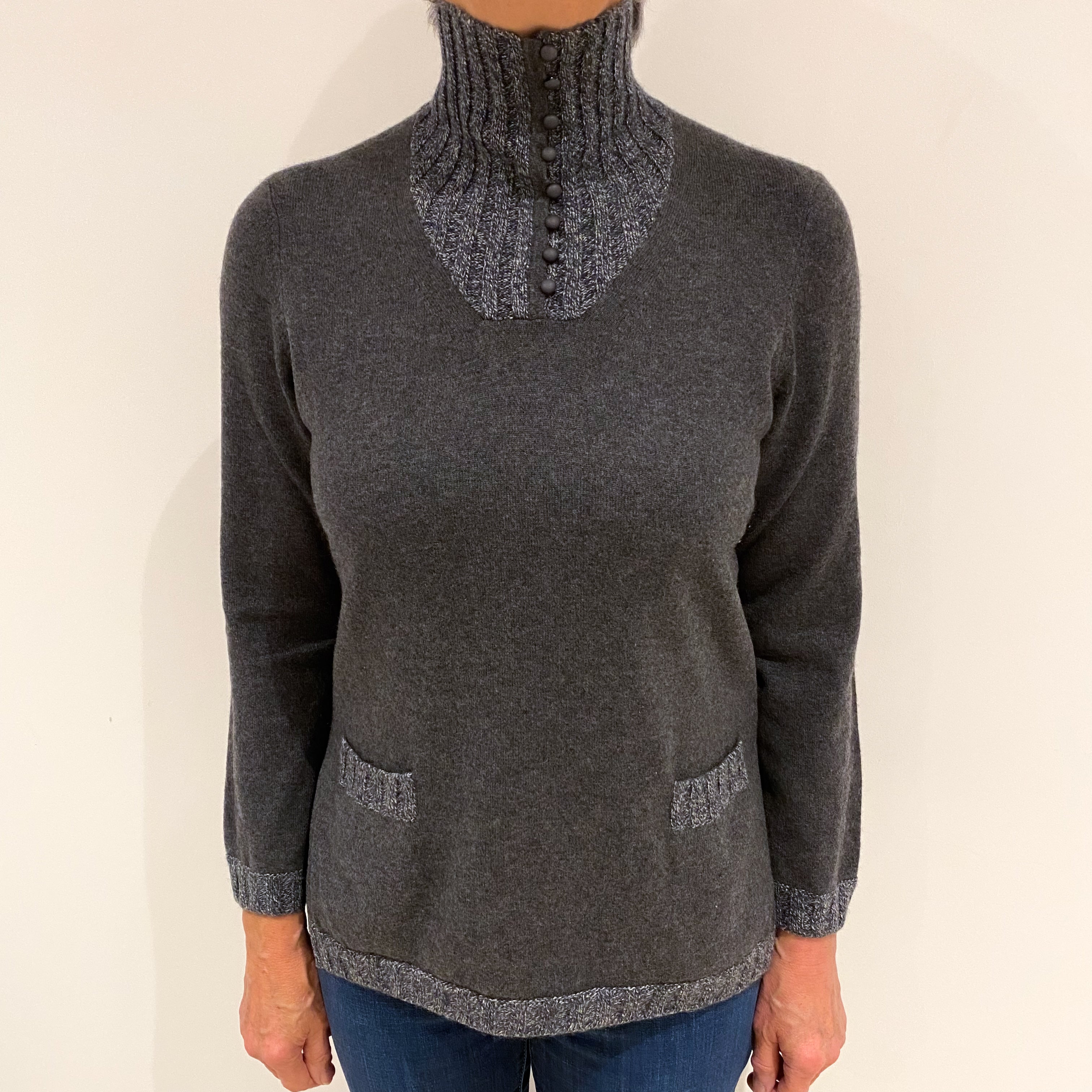 Slate Grey Cashmere Polo Neck Jumper Medium