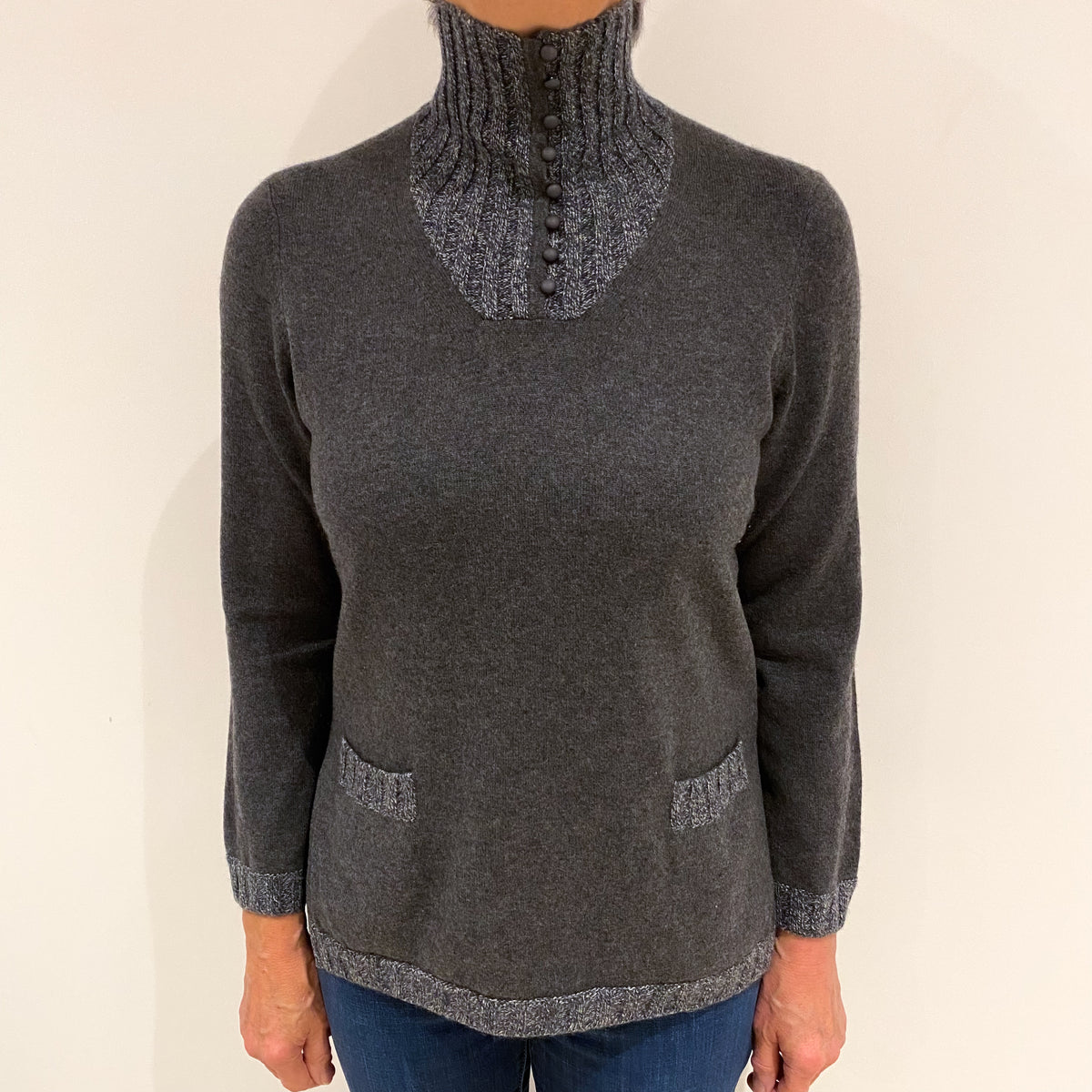 Slate Grey Cashmere Polo Neck Jumper Medium