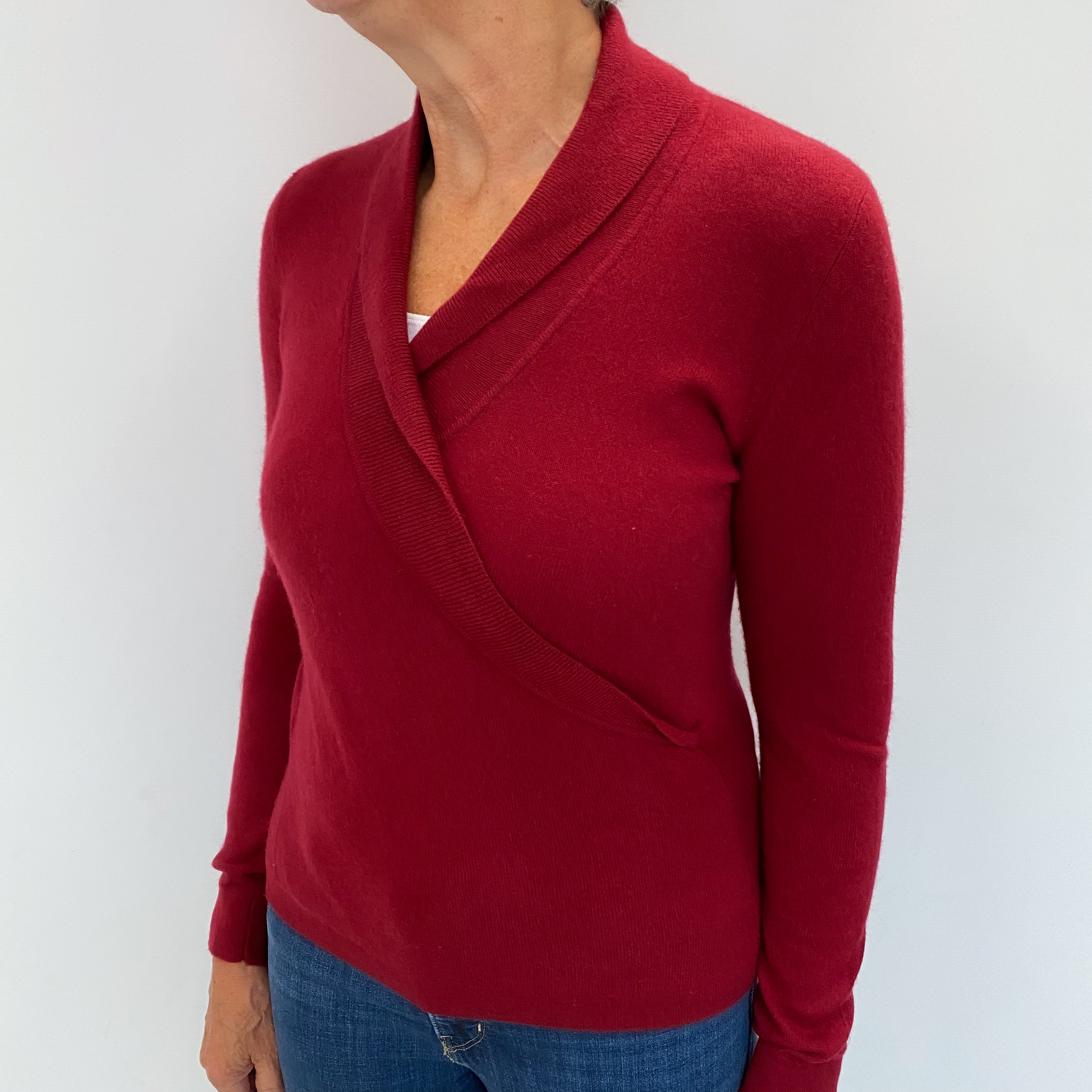 Crimson Red Cashmere Cross Over V Neck Jumper Medium