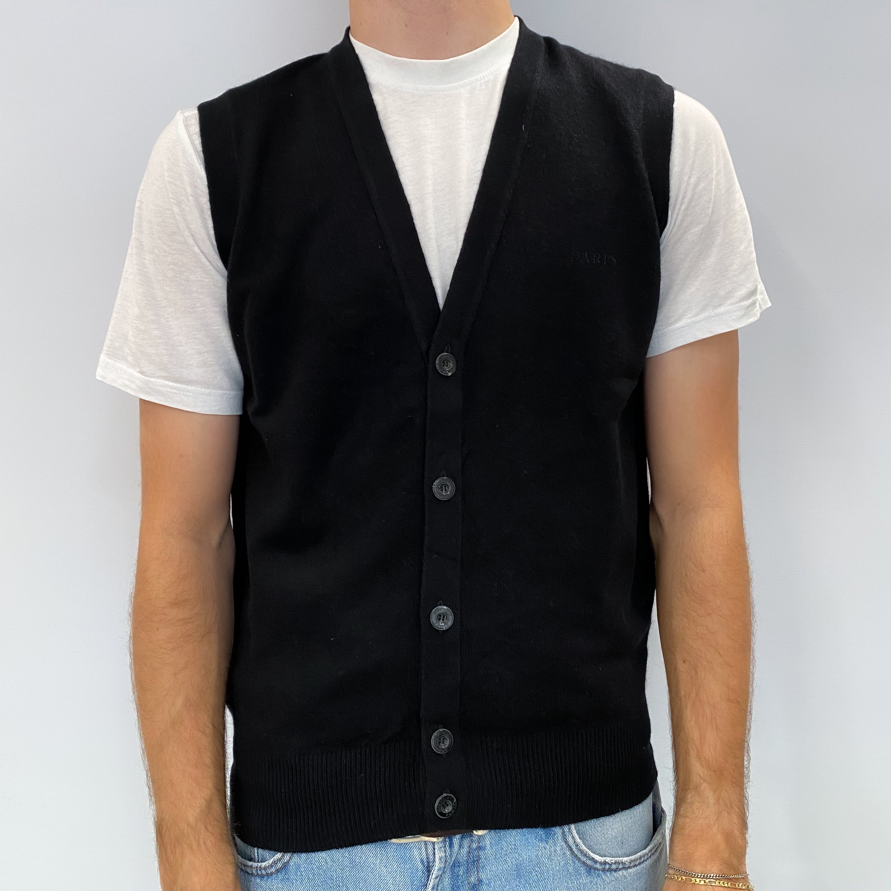 Men's Black Cashmere V Neck Sleeveless Cardigan Medium