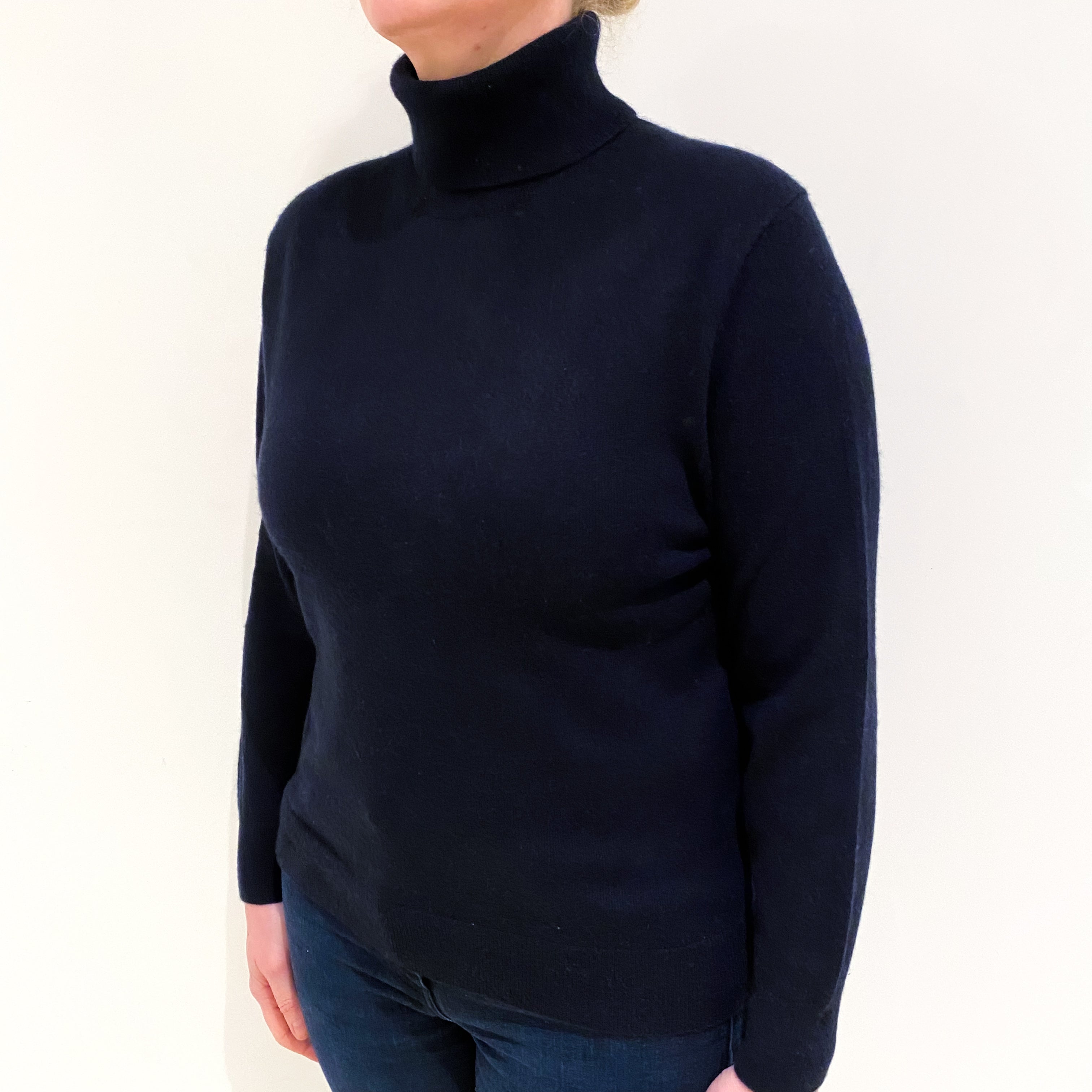 Dark Navy Cashmere Polo Neck Jumper Large