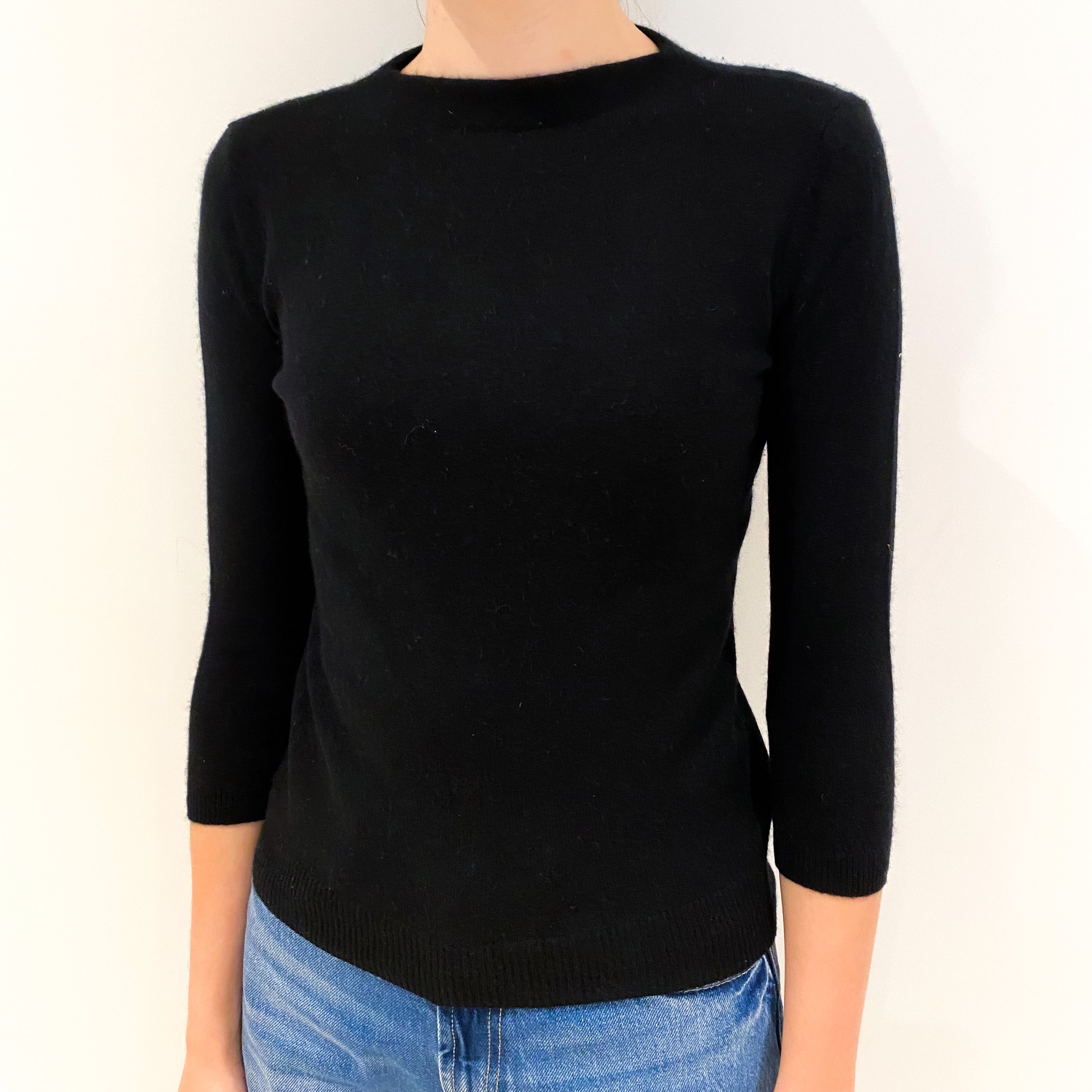 Black 3/4 Sleeve Cashmere Crew Neck Jumper Extra Small