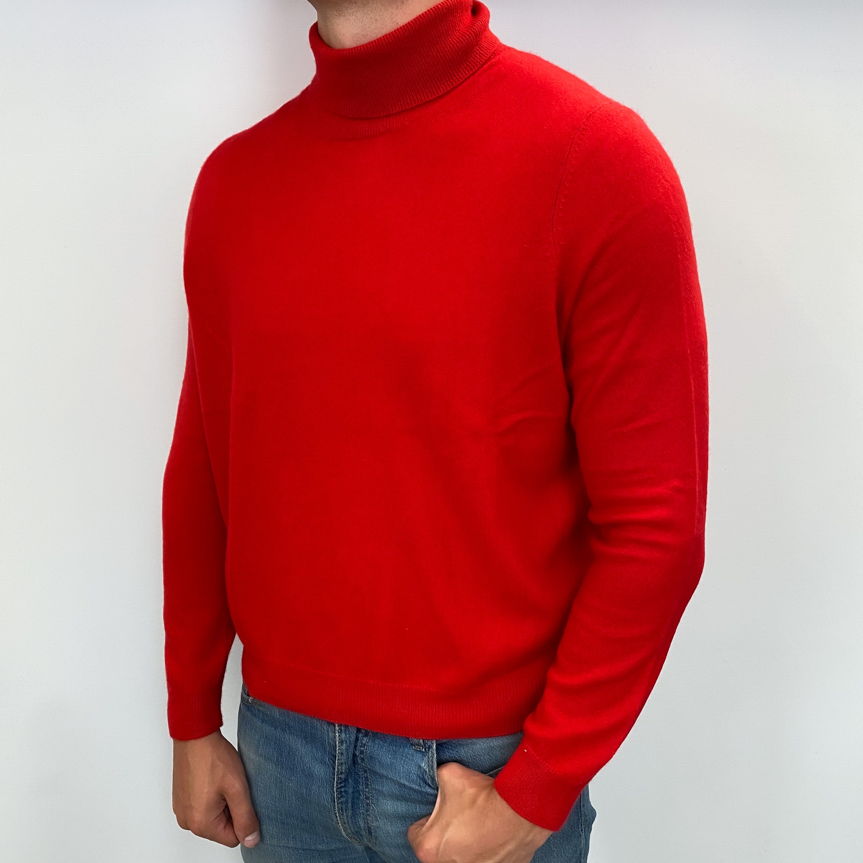 Men's Tomato Red Cashmere Polo Neck Jumper XL