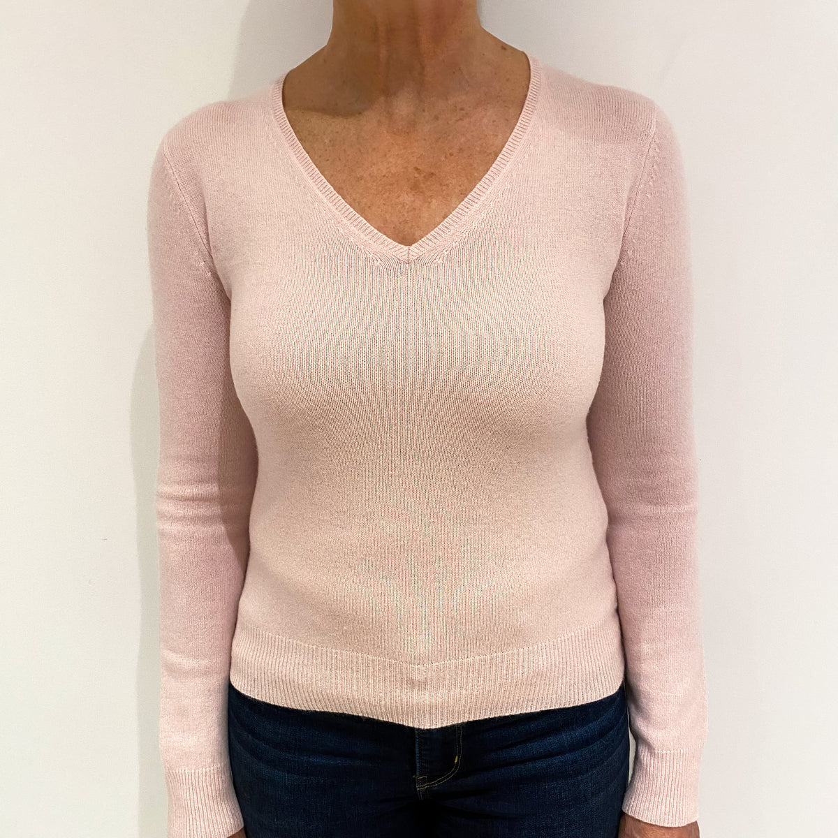 Pale Pink Cashmere V Neck Jumper Medium