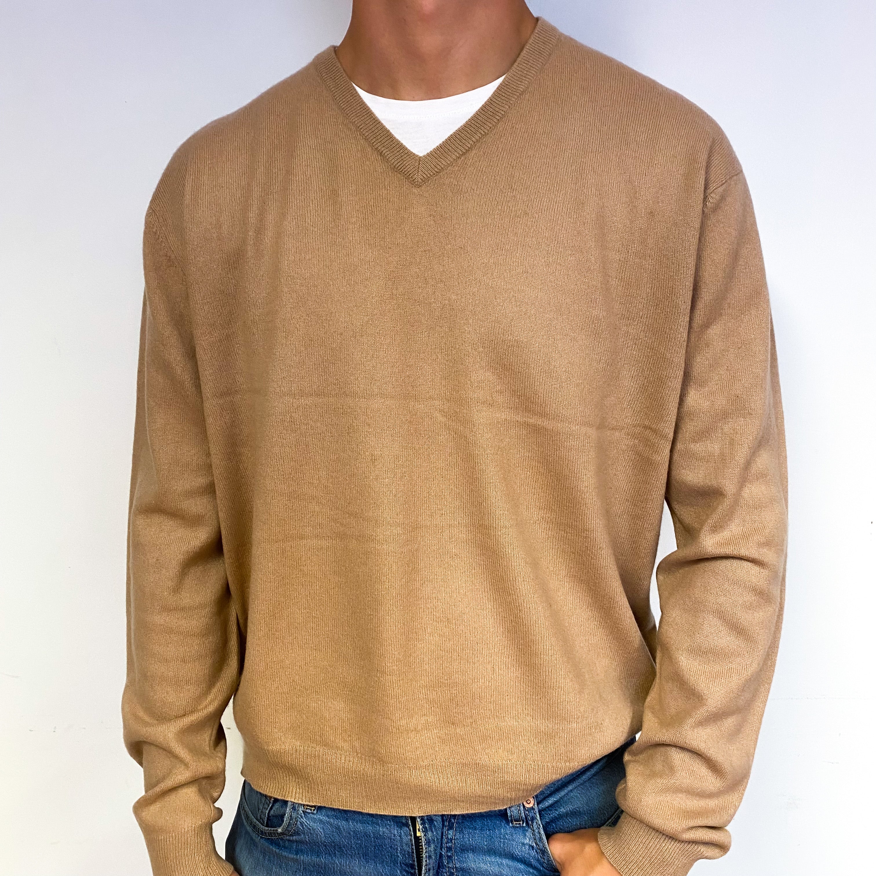 Men's Camel Brown Cashmere V-Neck Jumper Extra Large