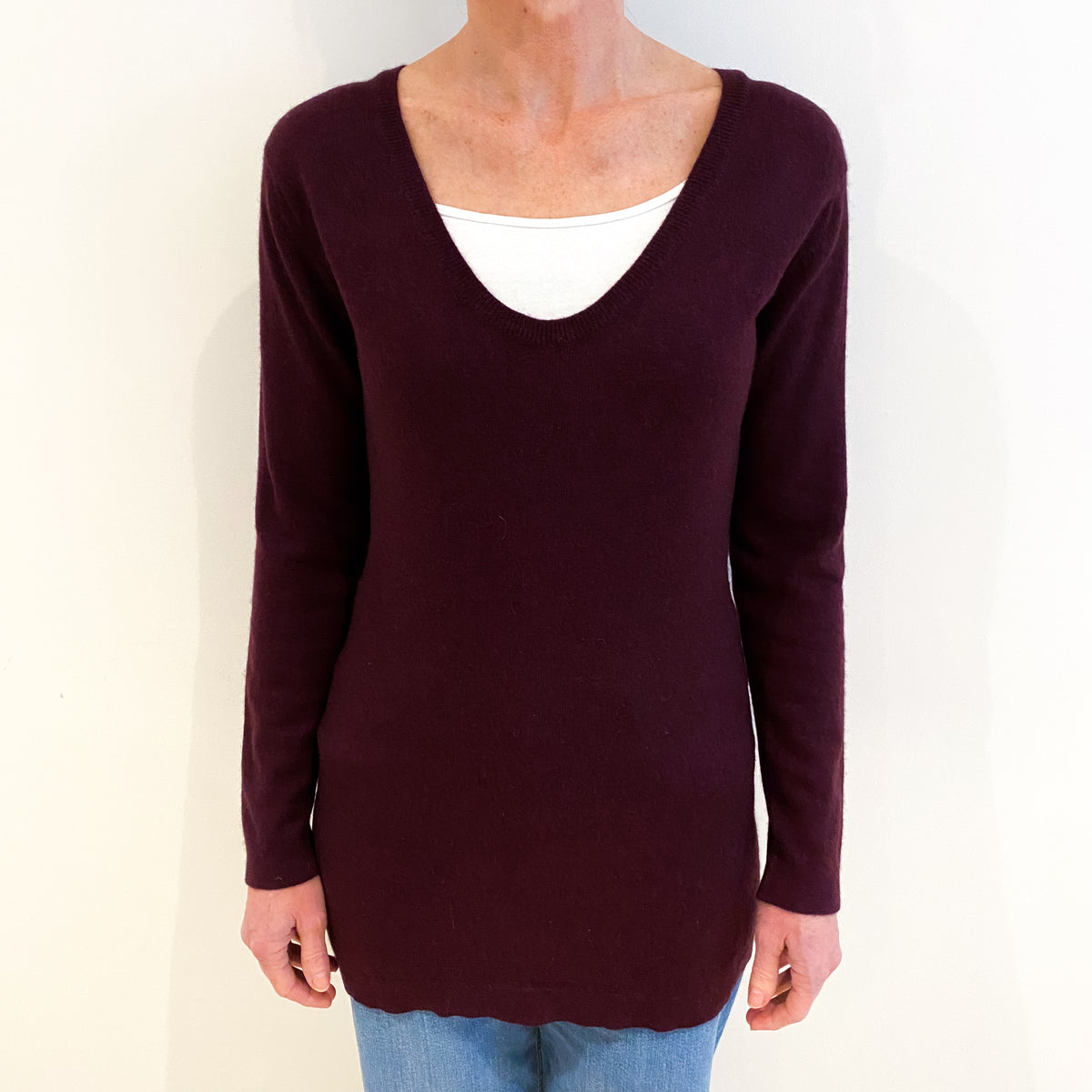 Brora Mulberry Purple Cashmere V Neck Tunic Style Jumper Small