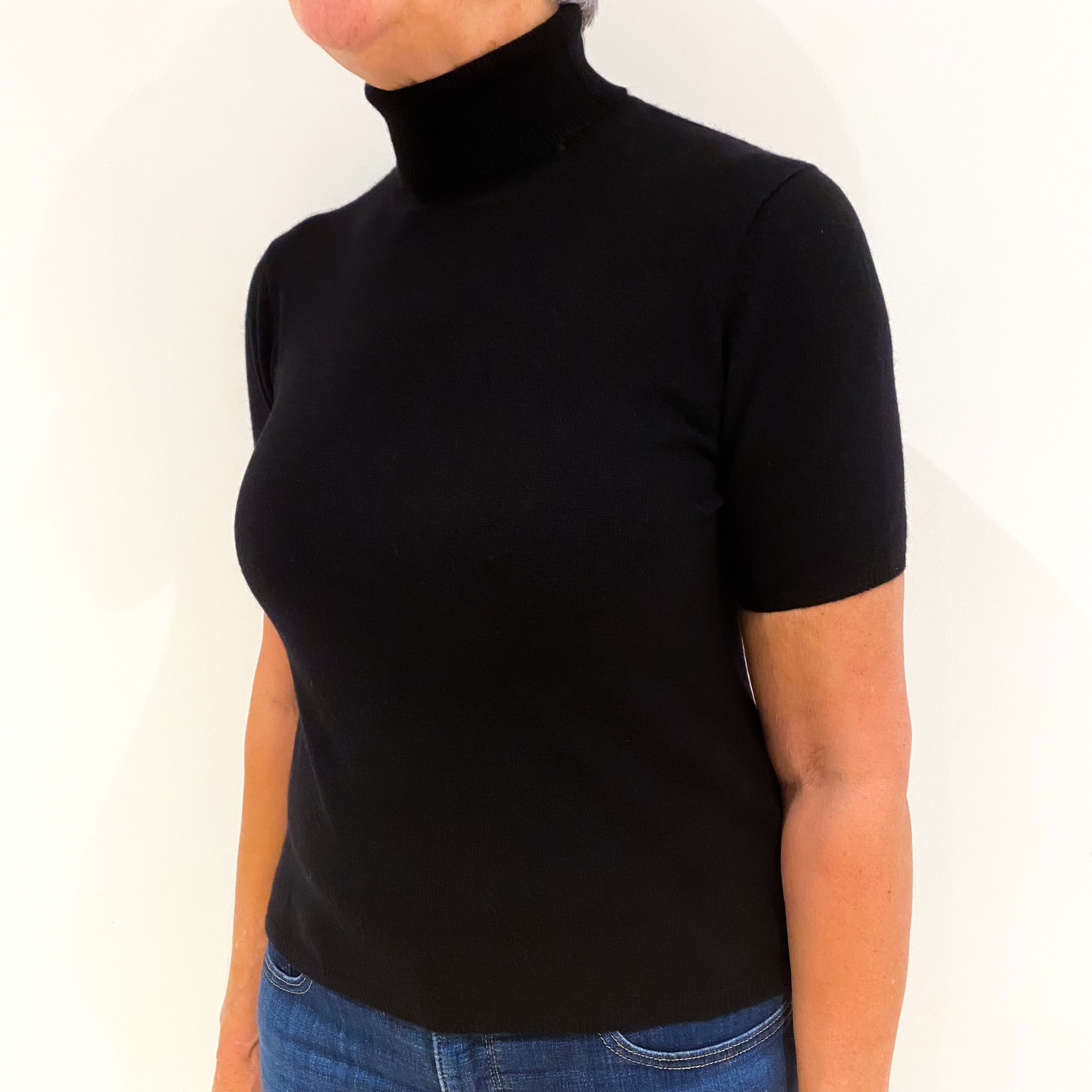 Black Short Sleeved Cashmere Polo Neck Jumper Medium
