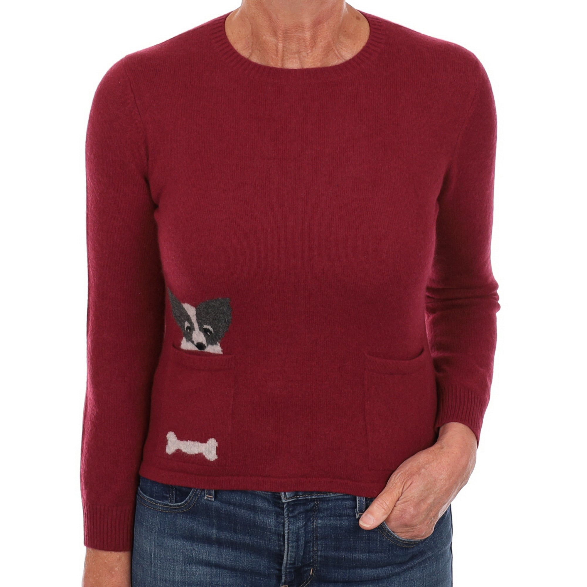 Burgundy Dog Motif Cashmere Crew Neck Jumper Medium