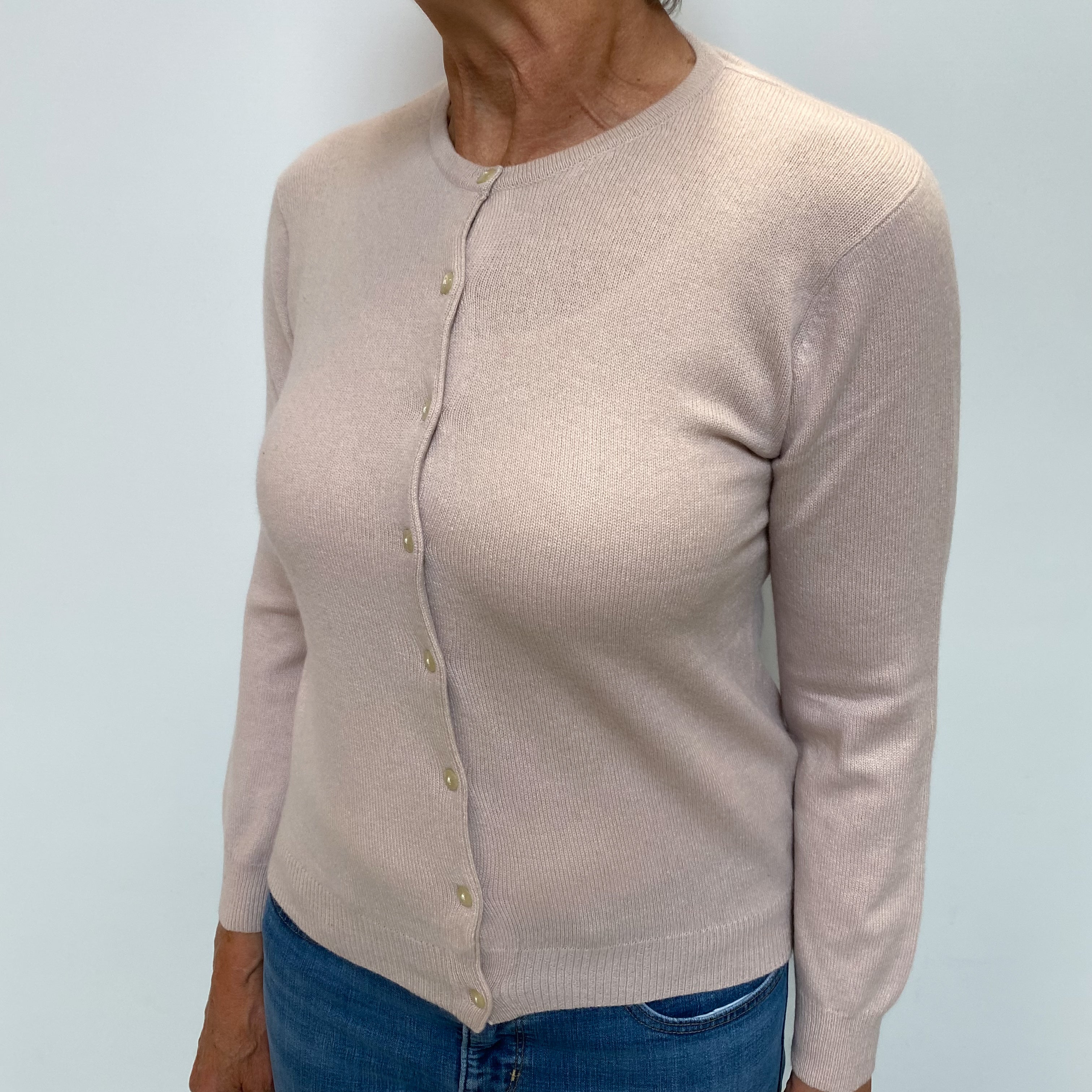Pale Dusky Pink Cashmere Crew Neck Cardigan Medium