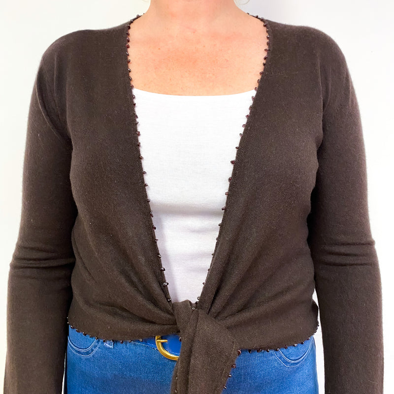 Chocolate Brown Gem Stone Cashmere Tie Front Cardigan Large