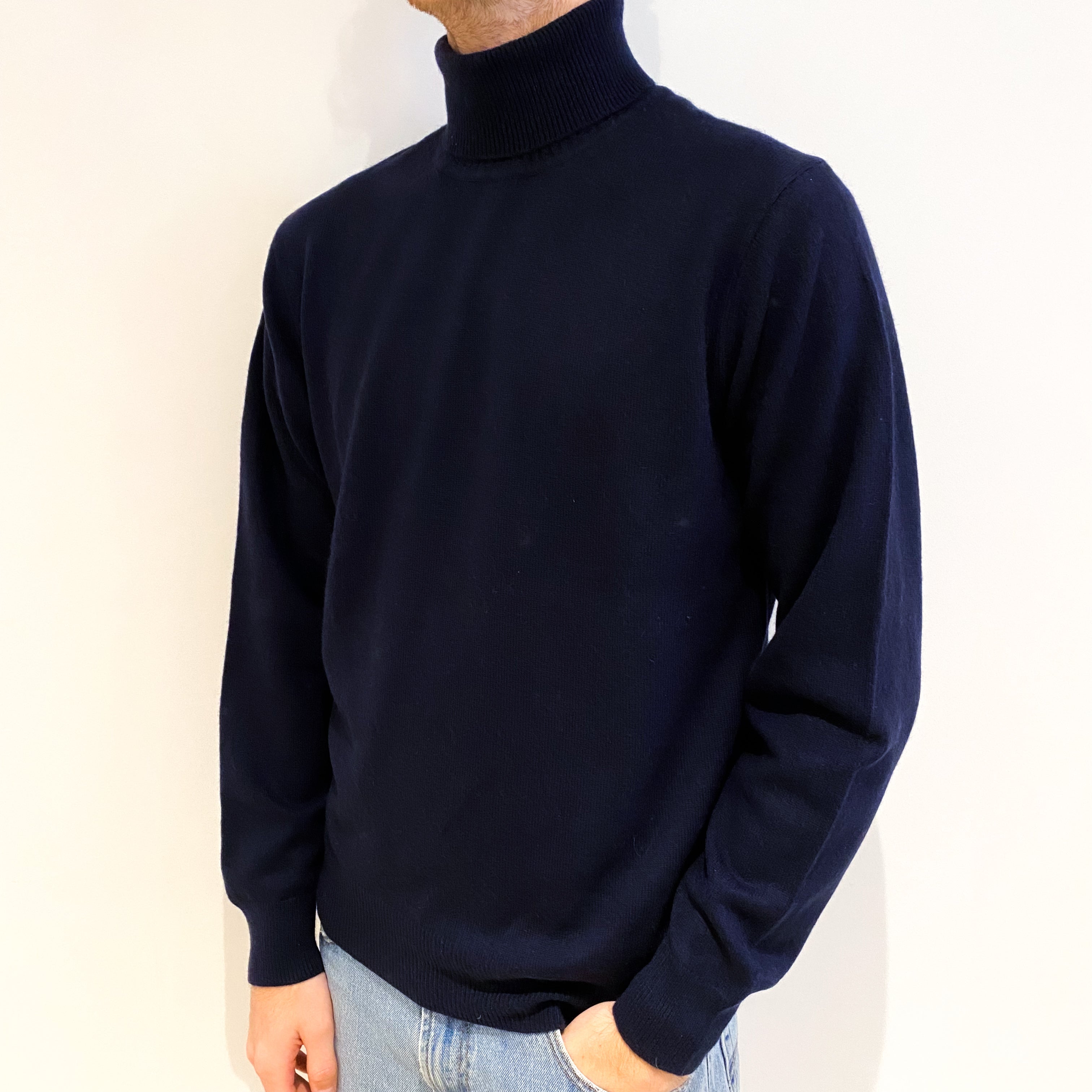 Men's Navy Blue Cashmere Polo Neck Jumper Large