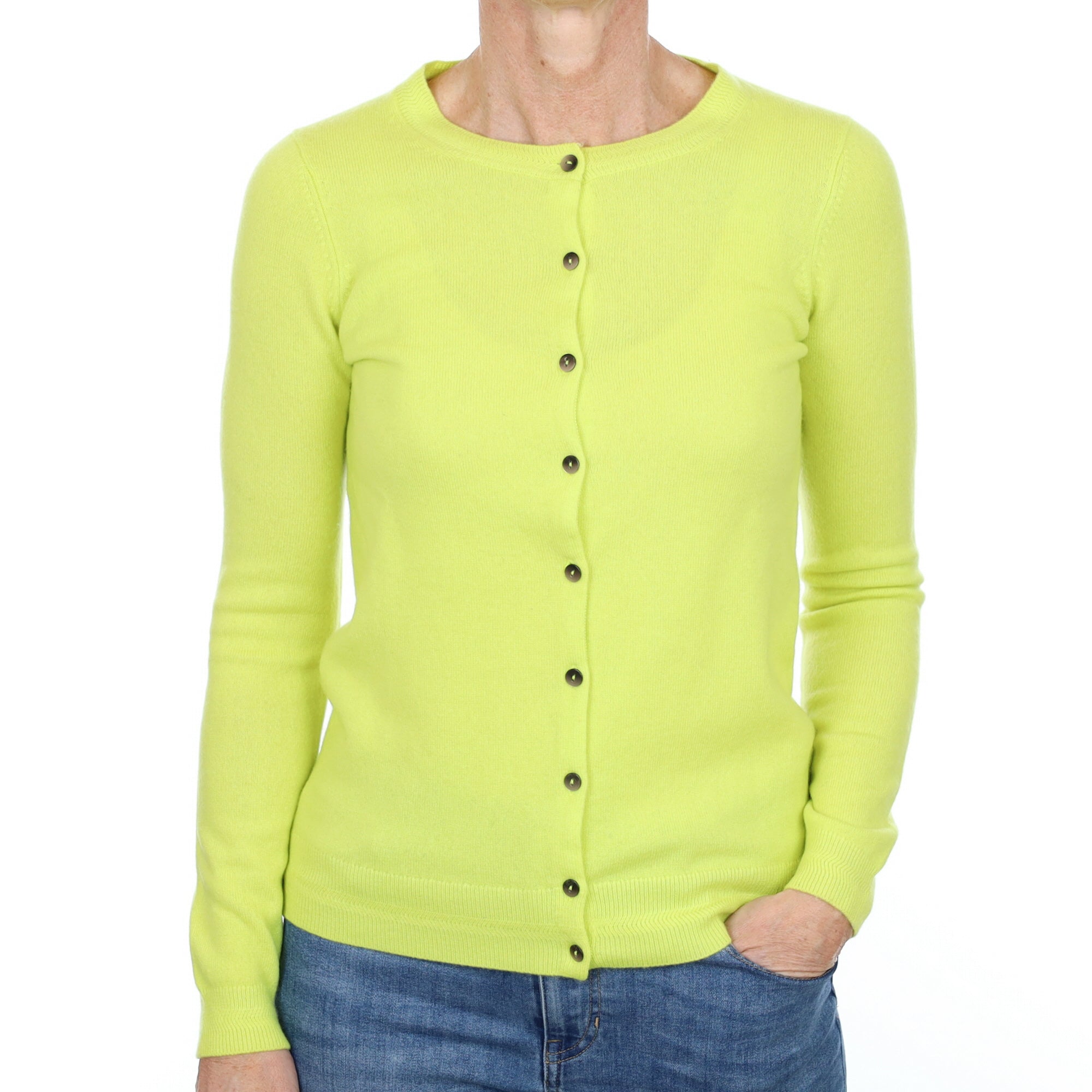 Neon yellow Cashmere Crew Neck Cardigan Small