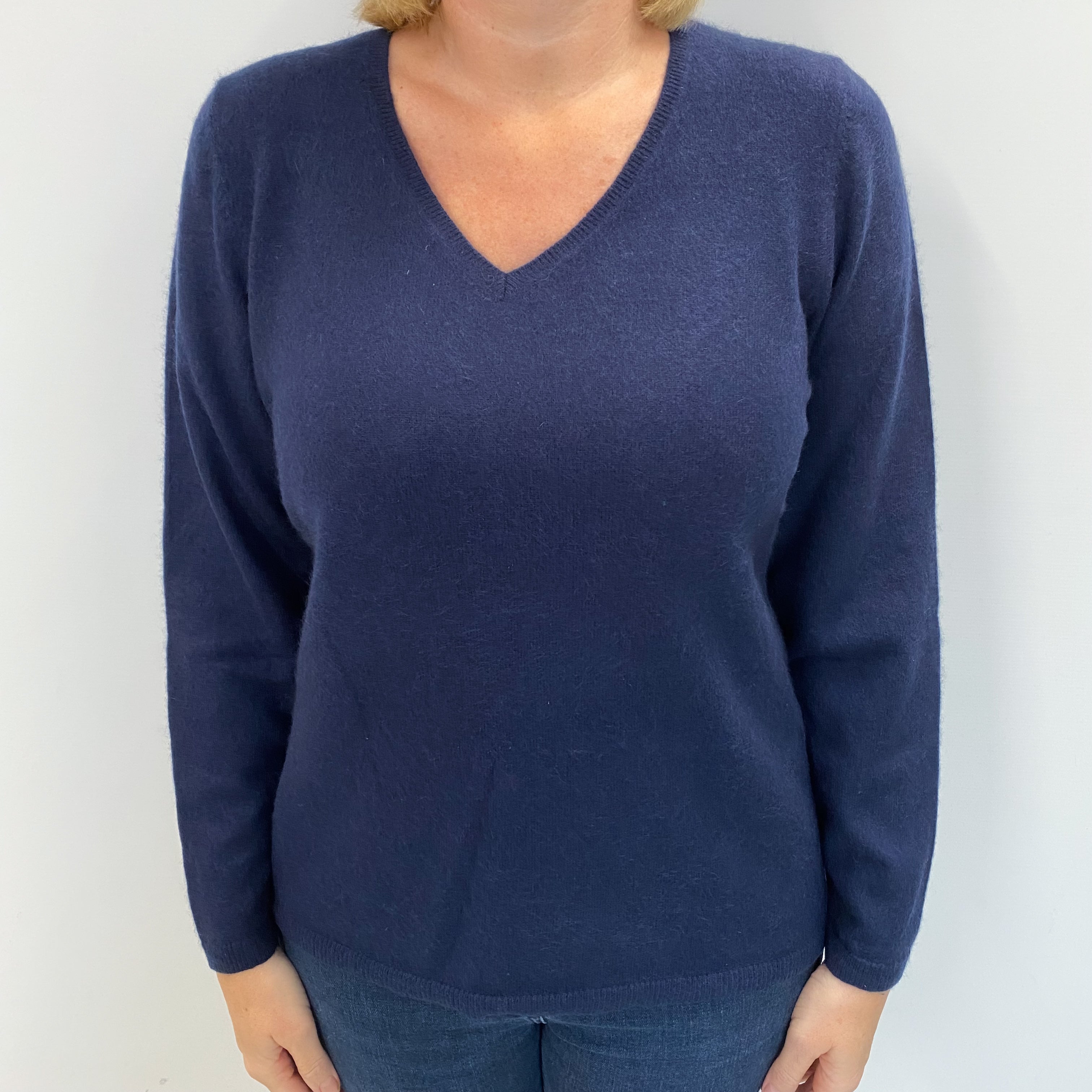 Midnight Navy Cashmere V Neck Jumper Large