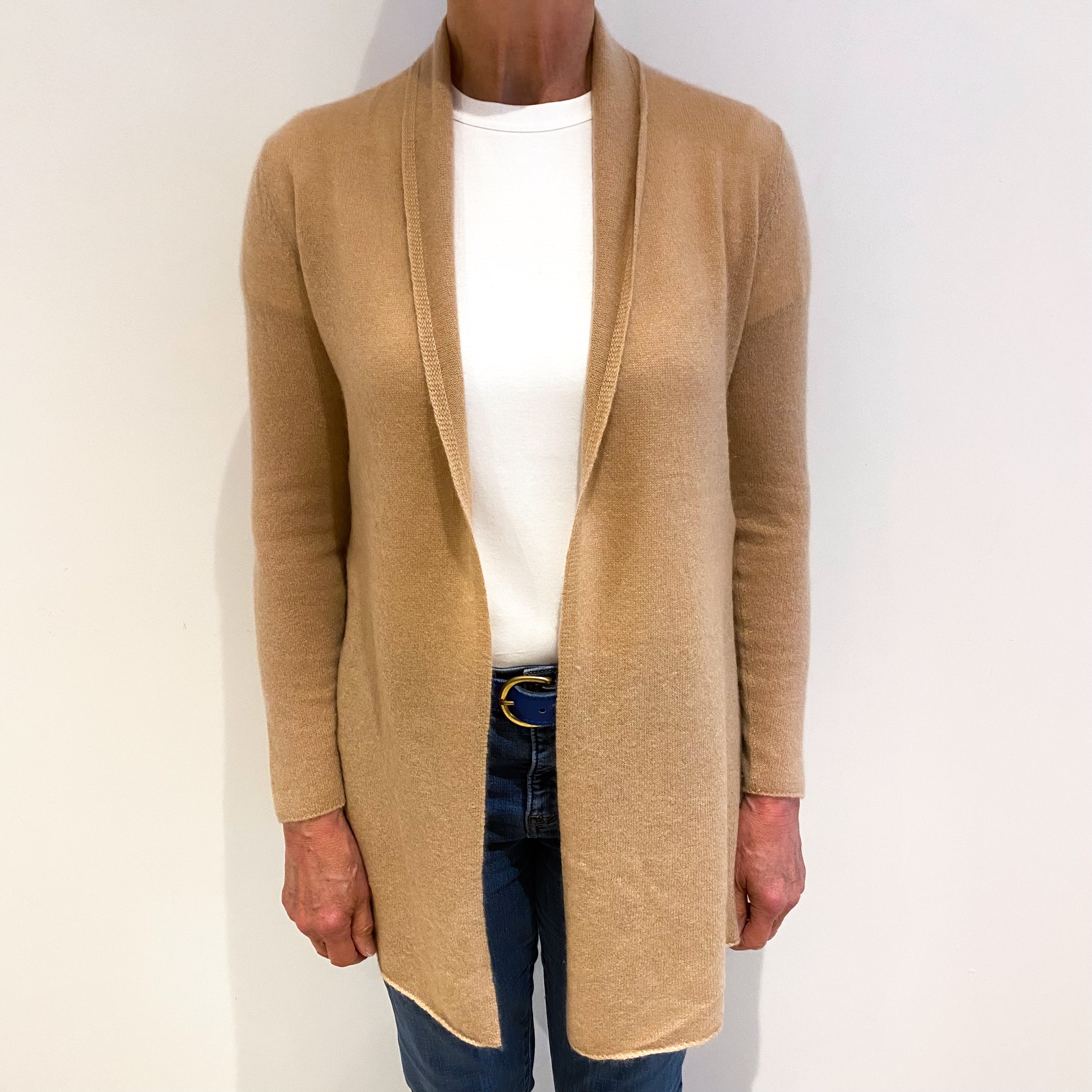 Sand Beige Cashmere Shawl Neck Edge To Edge Cardigan Medium