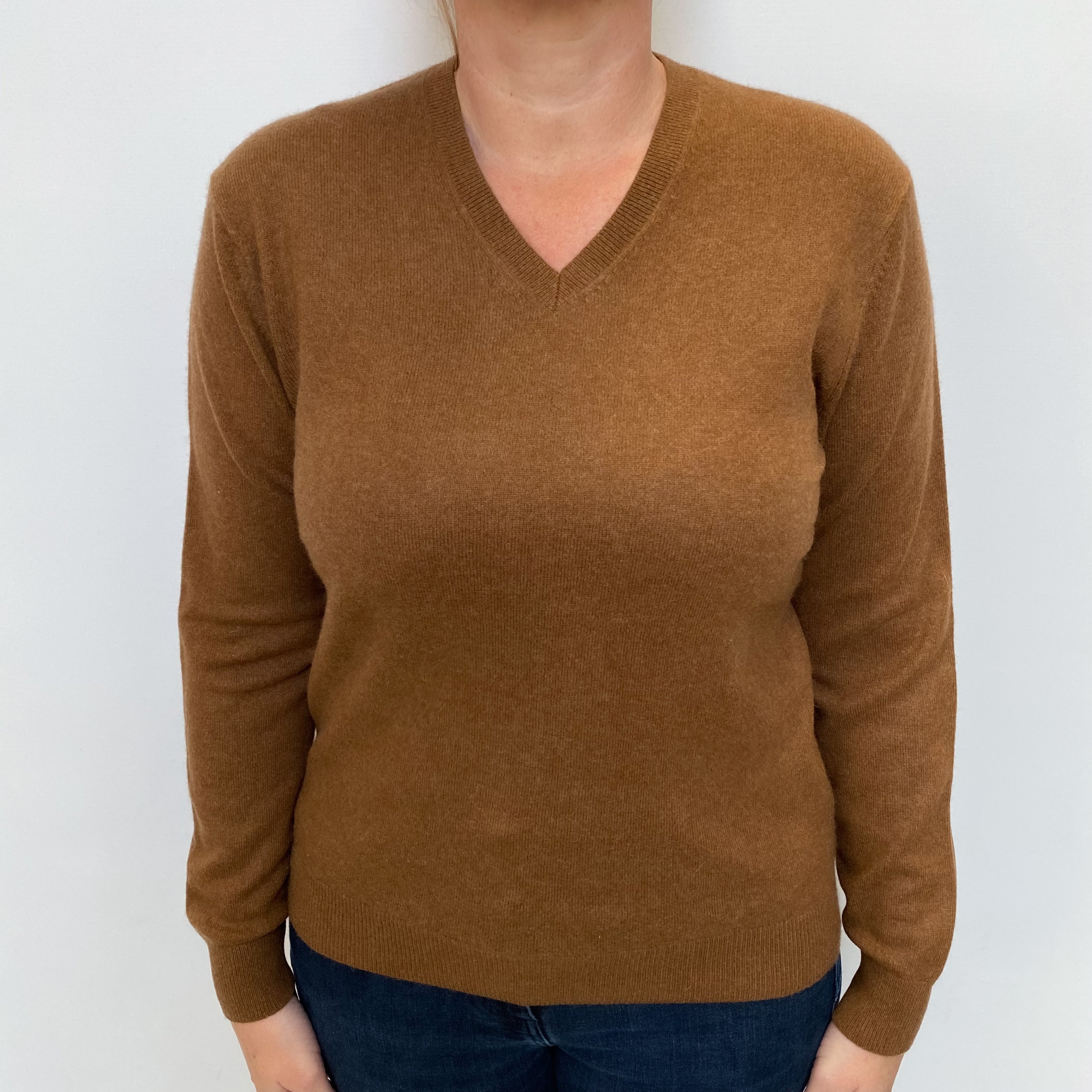 Cinnamon Brown Cashmere V Neck Jumper Large