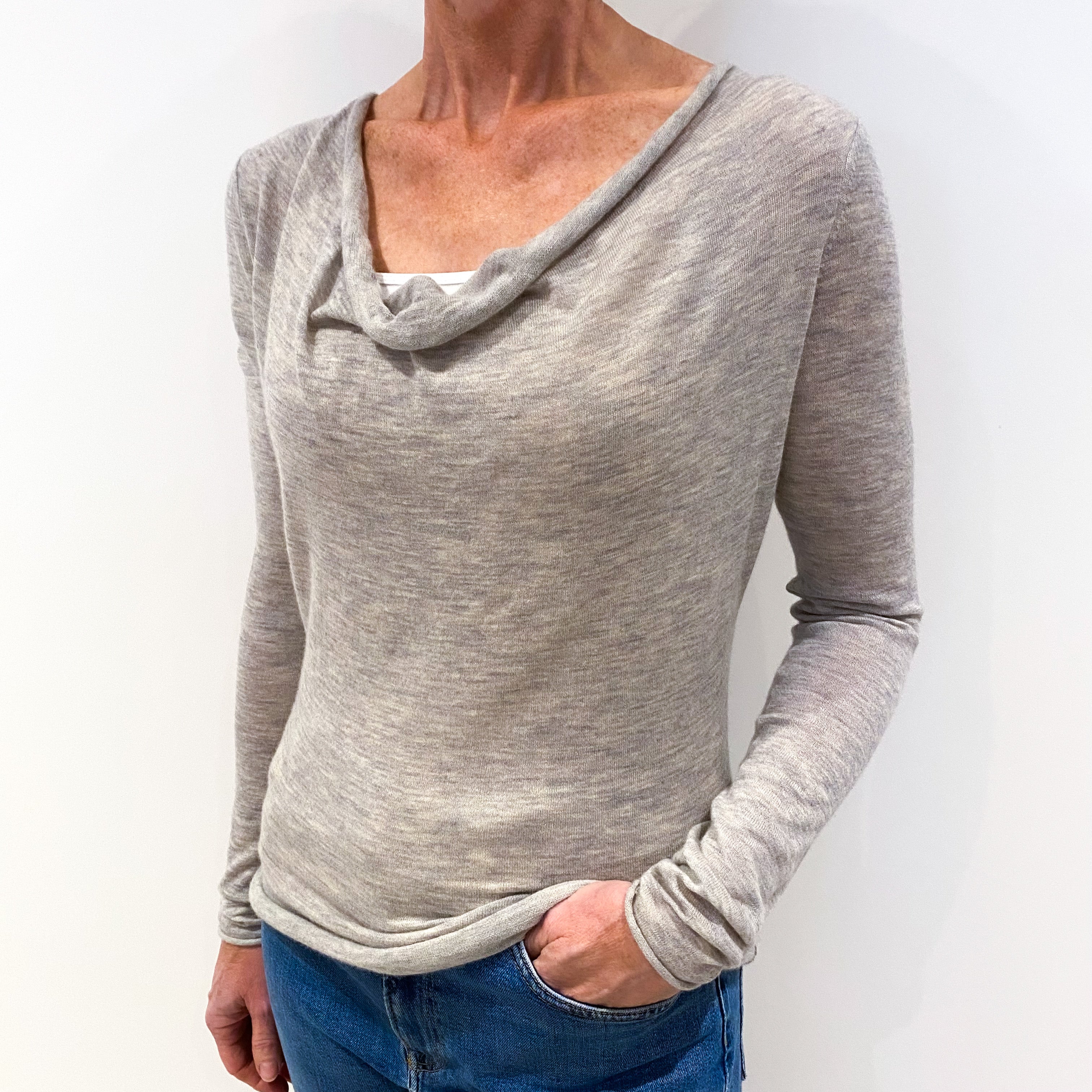 Smoke Grey Fine Knit Cashmere Cowl Neck Jumper Small