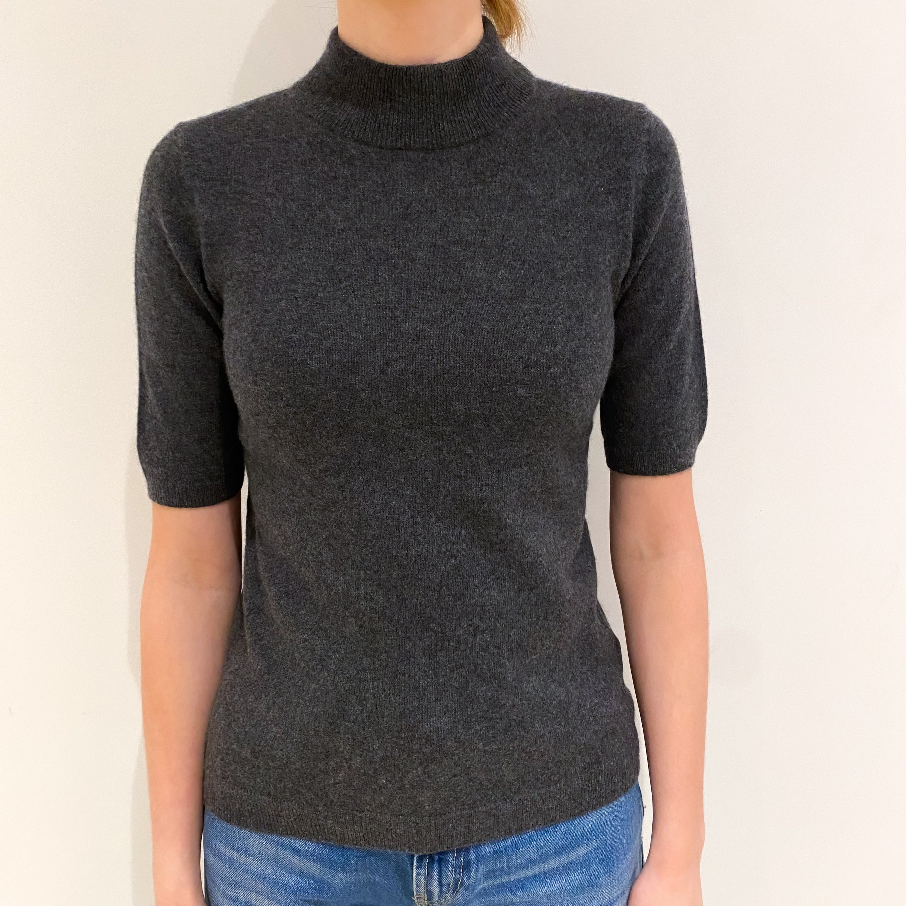 Charcoal Grey Cashmere Short Sleeve Turtle Neck Jumper Extra Small