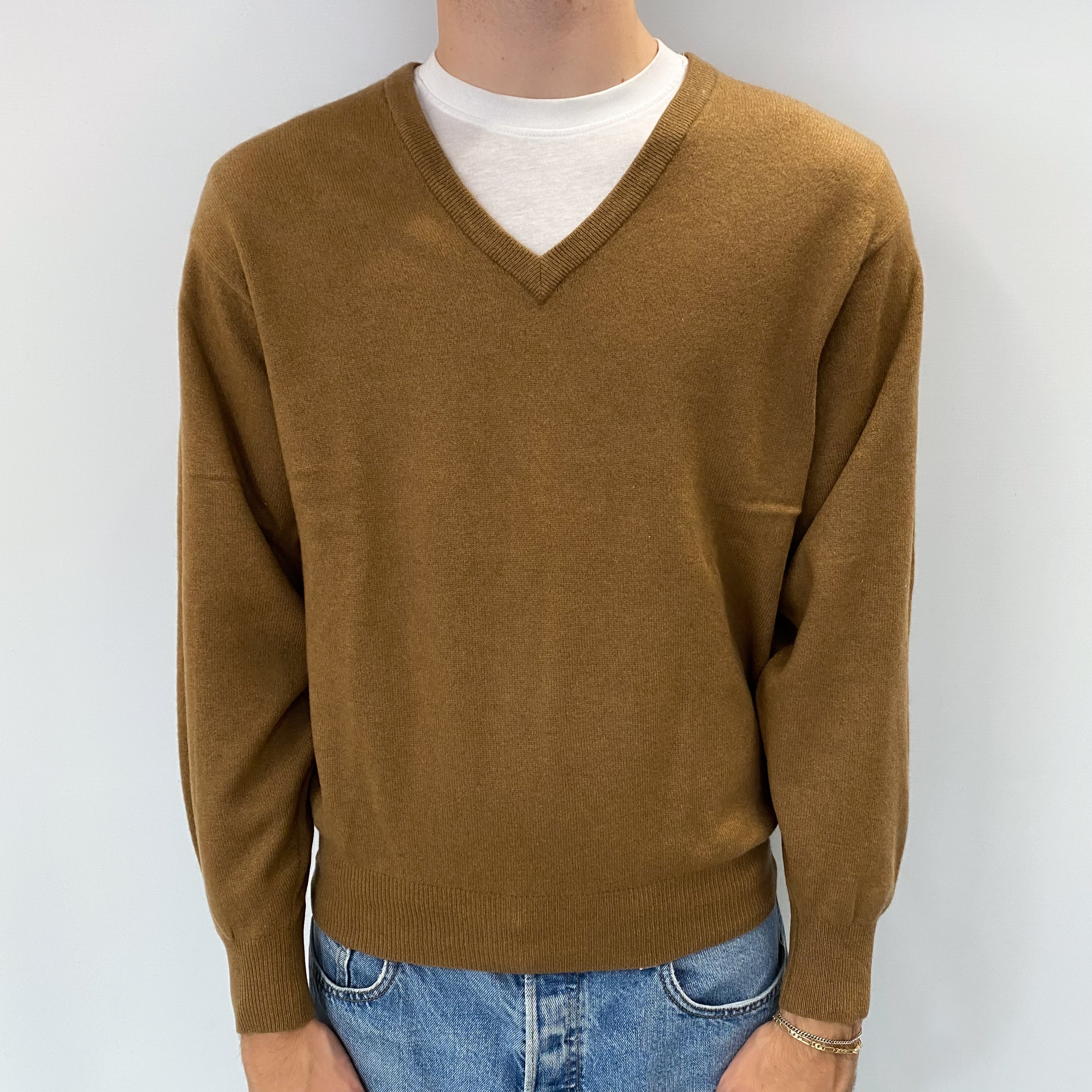 Men's Butterscotch Brown Cashmere V Neck Jumper Large