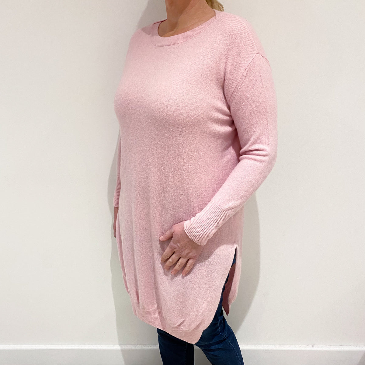 Carnation Pink Cashmere Longline Crew Neck Tunic Jumper Large