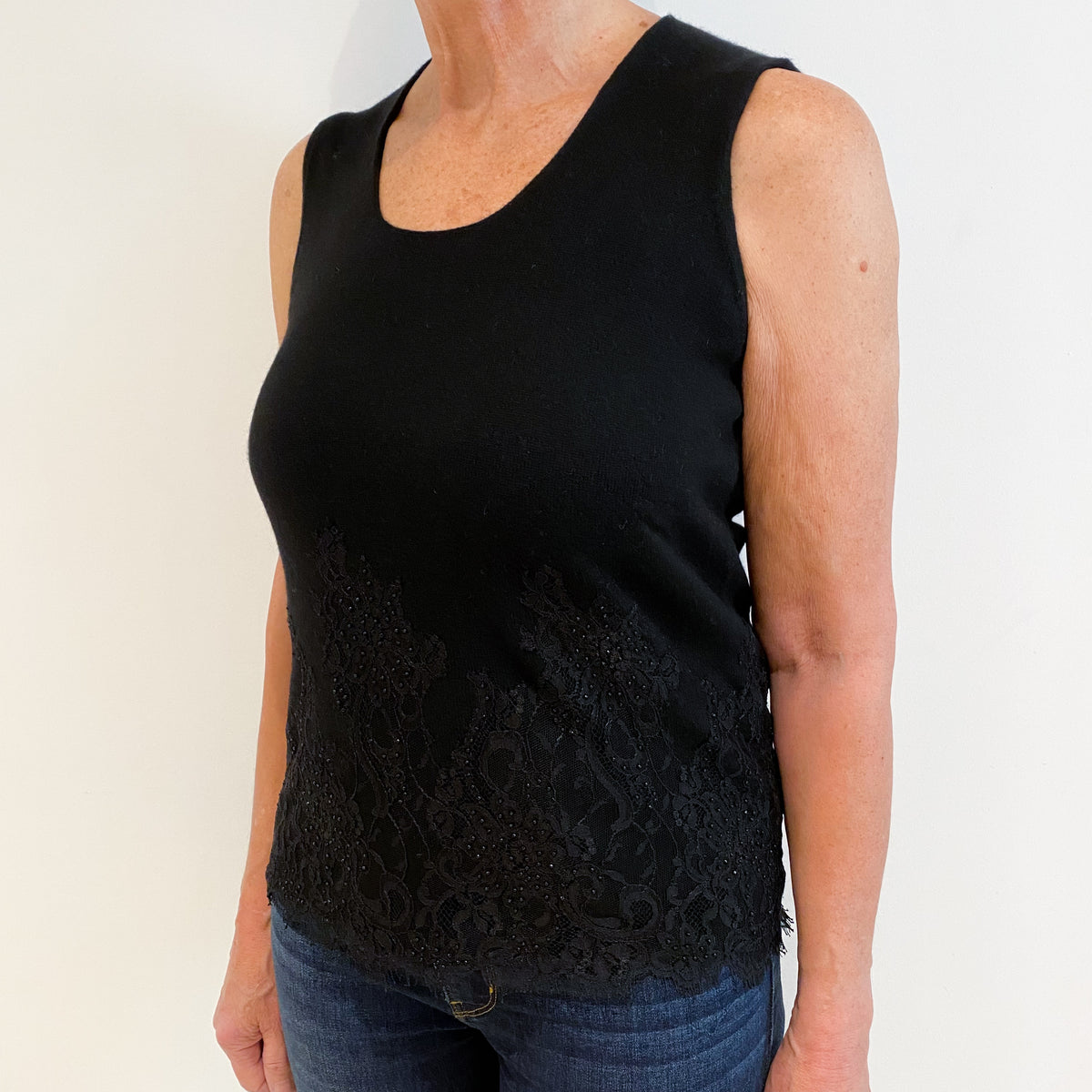 Black Lace Detail Cashmere Scoop Neck Tank Top Medium