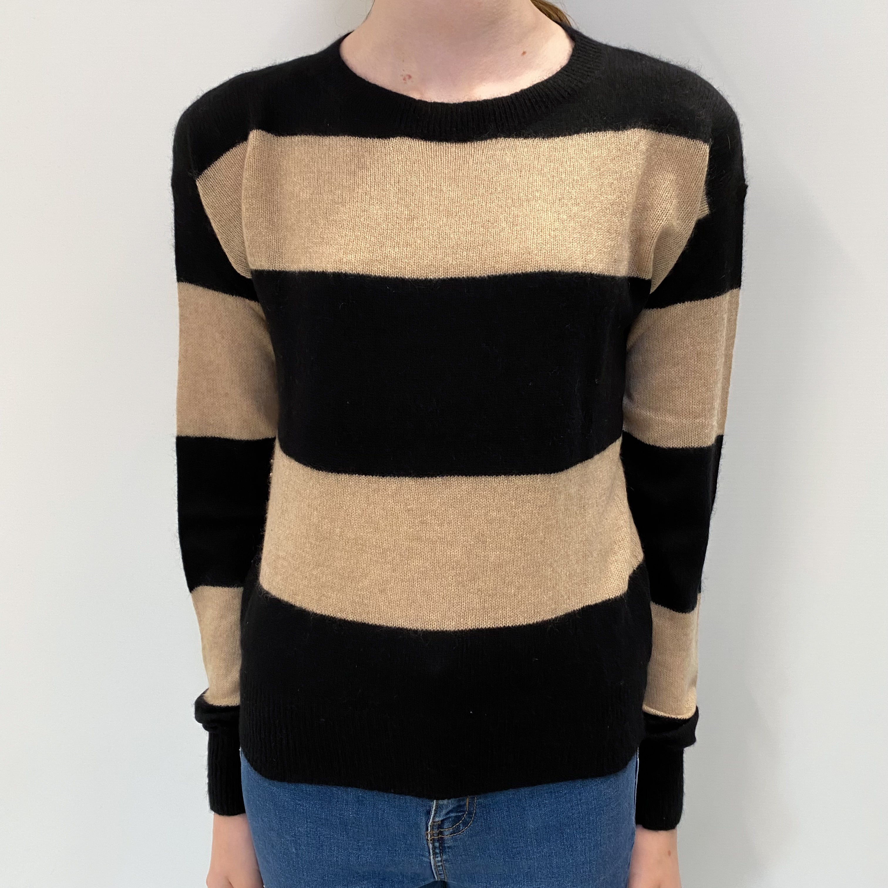 Black Beige Striped Cashmere Crew Neck Jumper Extra Small